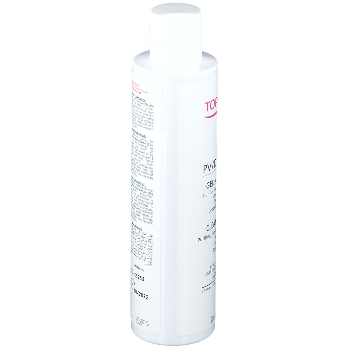 Rückansicht der weißen Flasche TOPICREM PV/DS Gel nettoyant. Text in mehreren Sprachen. Barcode und Chargennummer.
