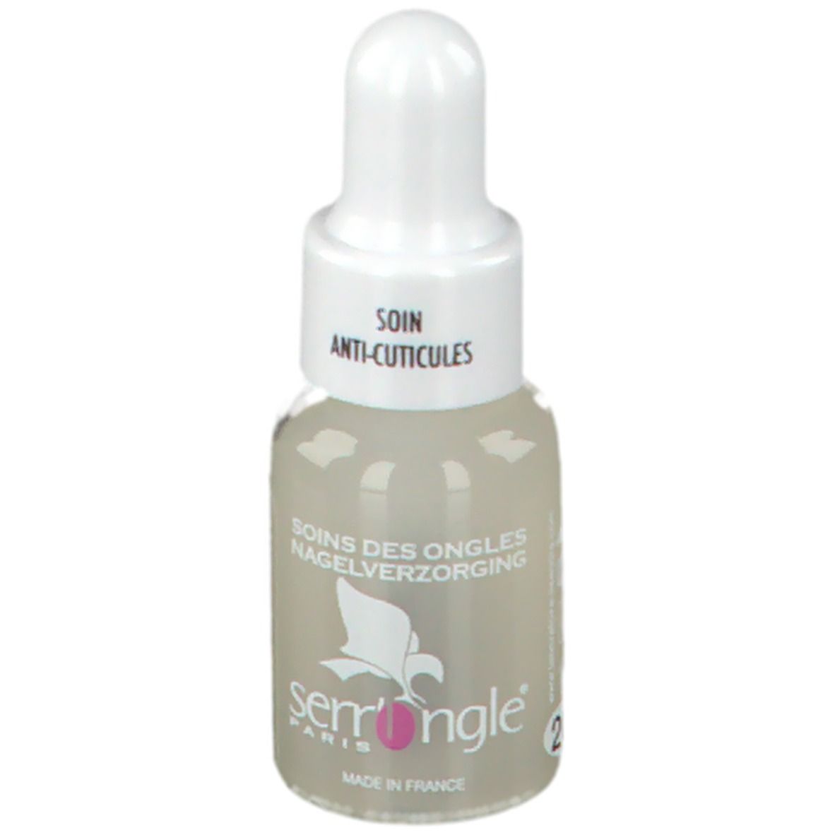 Klarflüssiges Produkt in einer Tropfflasche. Aufschrift: Soin Anti-Cuticules, Soins des Ongles, Nagelverzorging. Marke: serrongle® Paris.