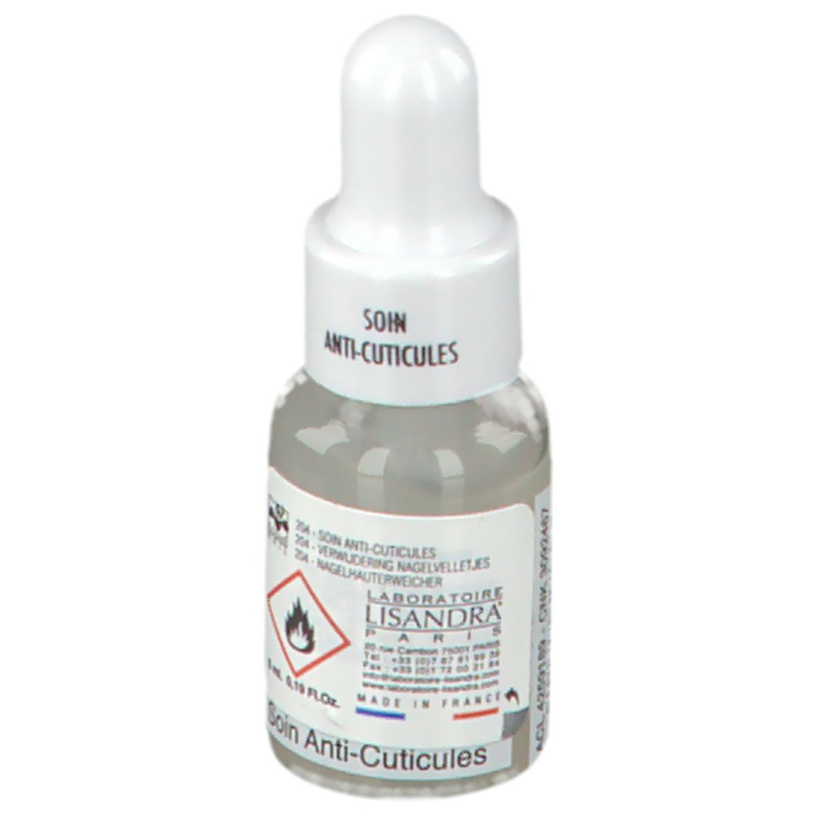 Tropfflasche mit Flüssigkeit. Aufschrift: Soin Anti-Cuticules, 5 ml. Gefahrensymbol: Flamme. Marke: serrongle® Paris.