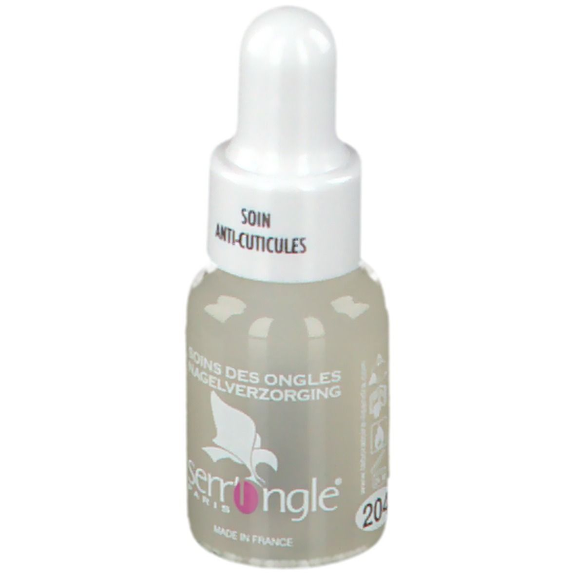 Tropfflasche mit Flüssigkeit. Aufschrift: Soin Anti-Cuticules, Soins des Ongles, Nagelverzorging. Marke: serrongle® Paris, 204.