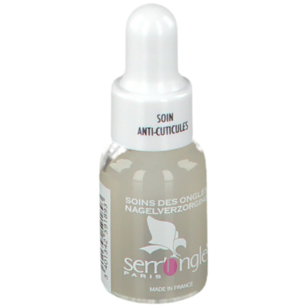 Tropfflasche mit Flüssigkeit. Aufschrift: Soin Anti-Cuticules, Soins des Ongles, Nagelverzorging. Marke: serrongle® Paris, 204.
