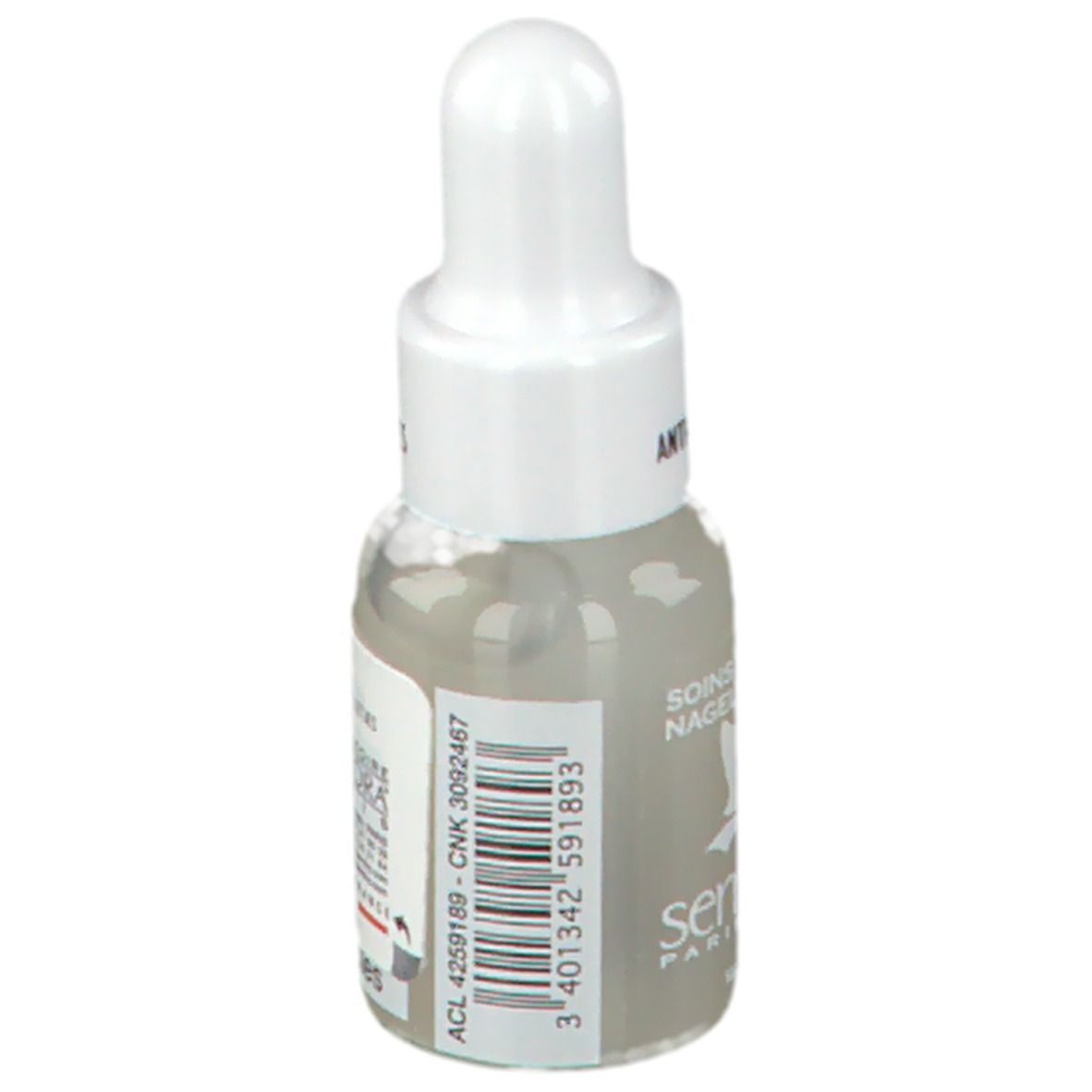 Tropfflasche mit Flüssigkeit. Aufschrift: Soin Anti-Cuticules, Soins des Ongles, Nagelverzorging. Marke: serrongle® Paris, 204.