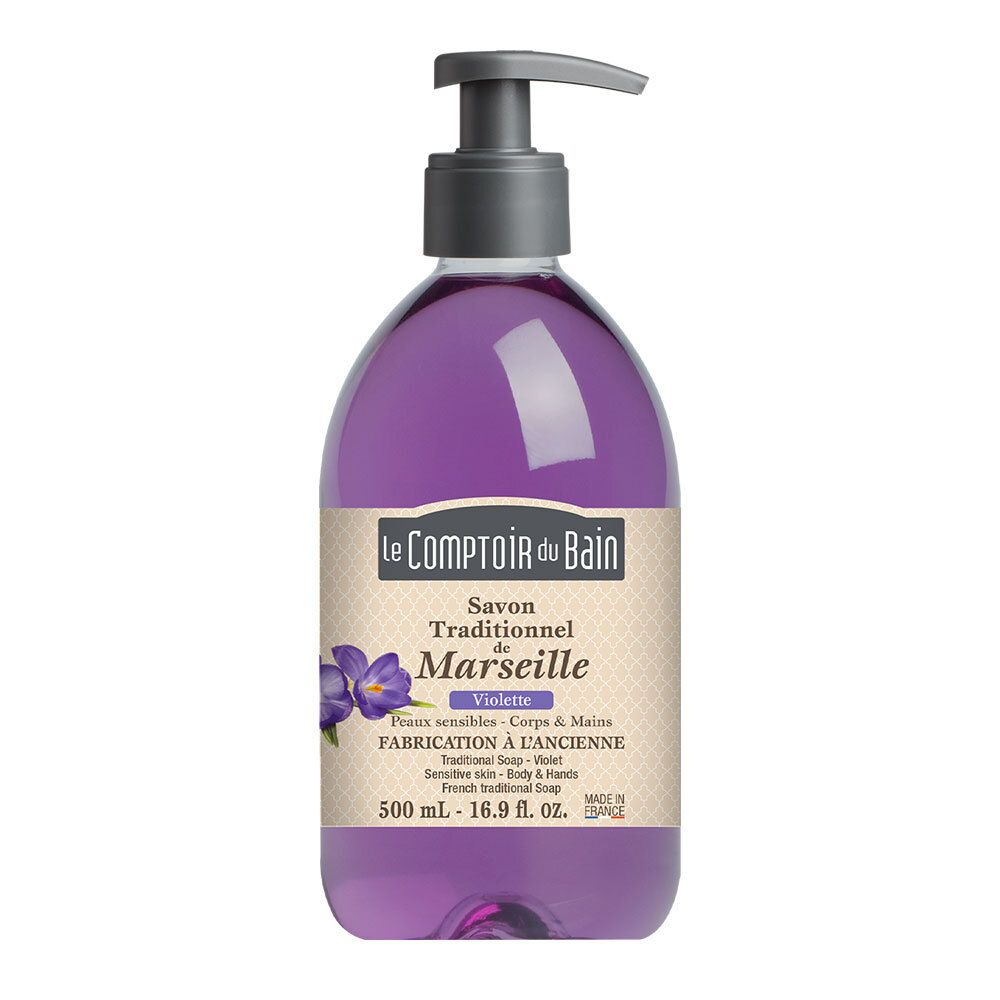 Violettes Seife mit Spender. Aufschrift: Le Comptoir du Bain, Savon de Marseille. 500 ml.