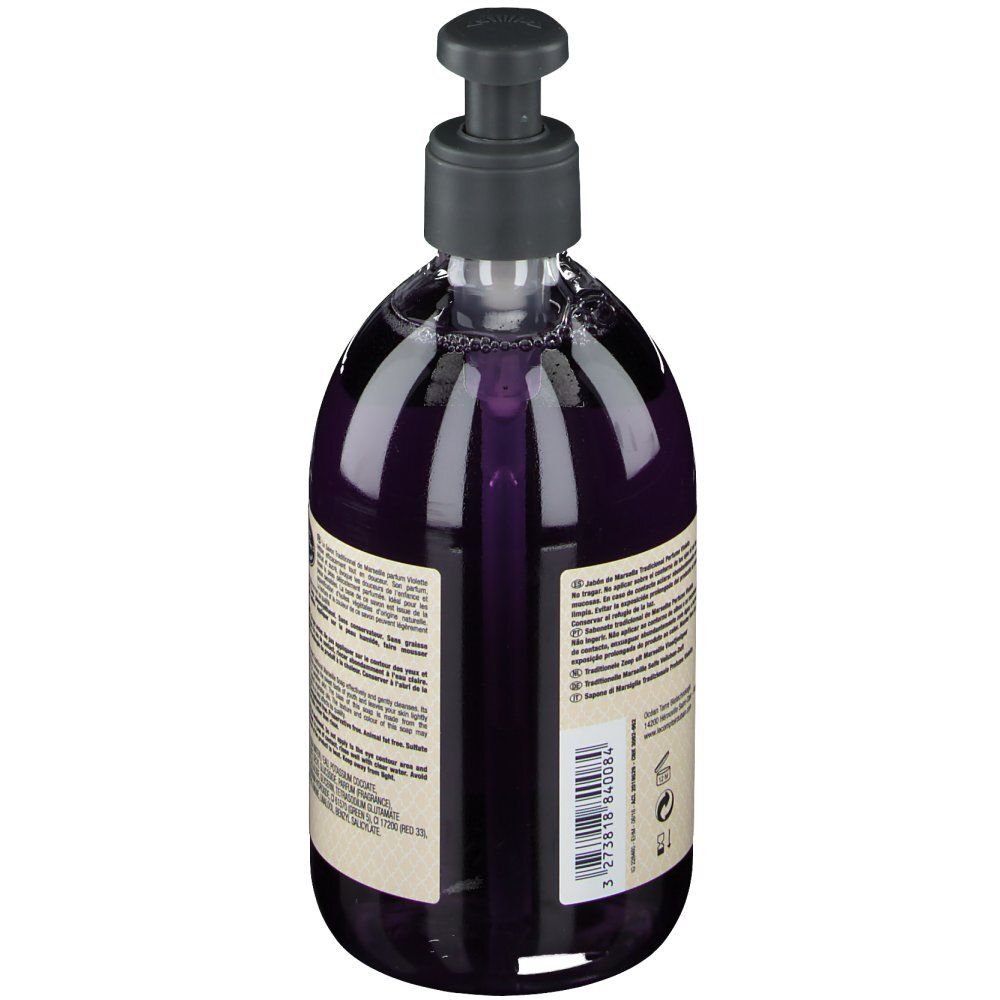 Seife mit Spender, Rückansicht. Aufschrift: Le Comptoir du Bain, Savon de Marseille. Text in mehreren Sprachen.