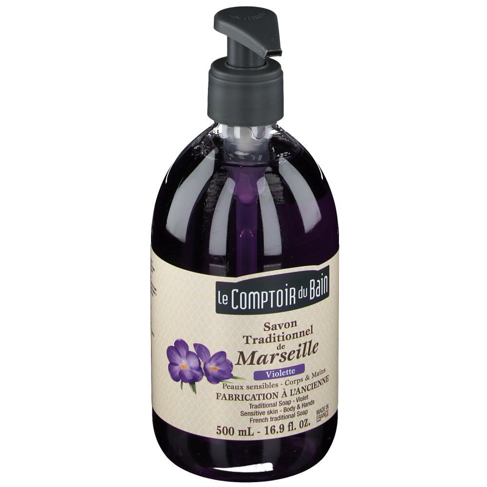 Violette Seife mit Spender. Aufschrift: Le Comptoir du Bain, Savon de Marseille. 500 ml.