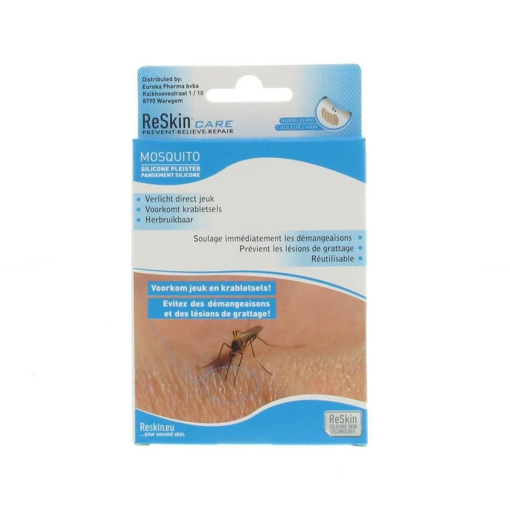 Verpackung mit Pflastern gegen Mückenstiche. Aufschrift: ReSkin CARE, MOSQUITO, SILICONE PLEISTER. Zeigt einen Mückenstich.