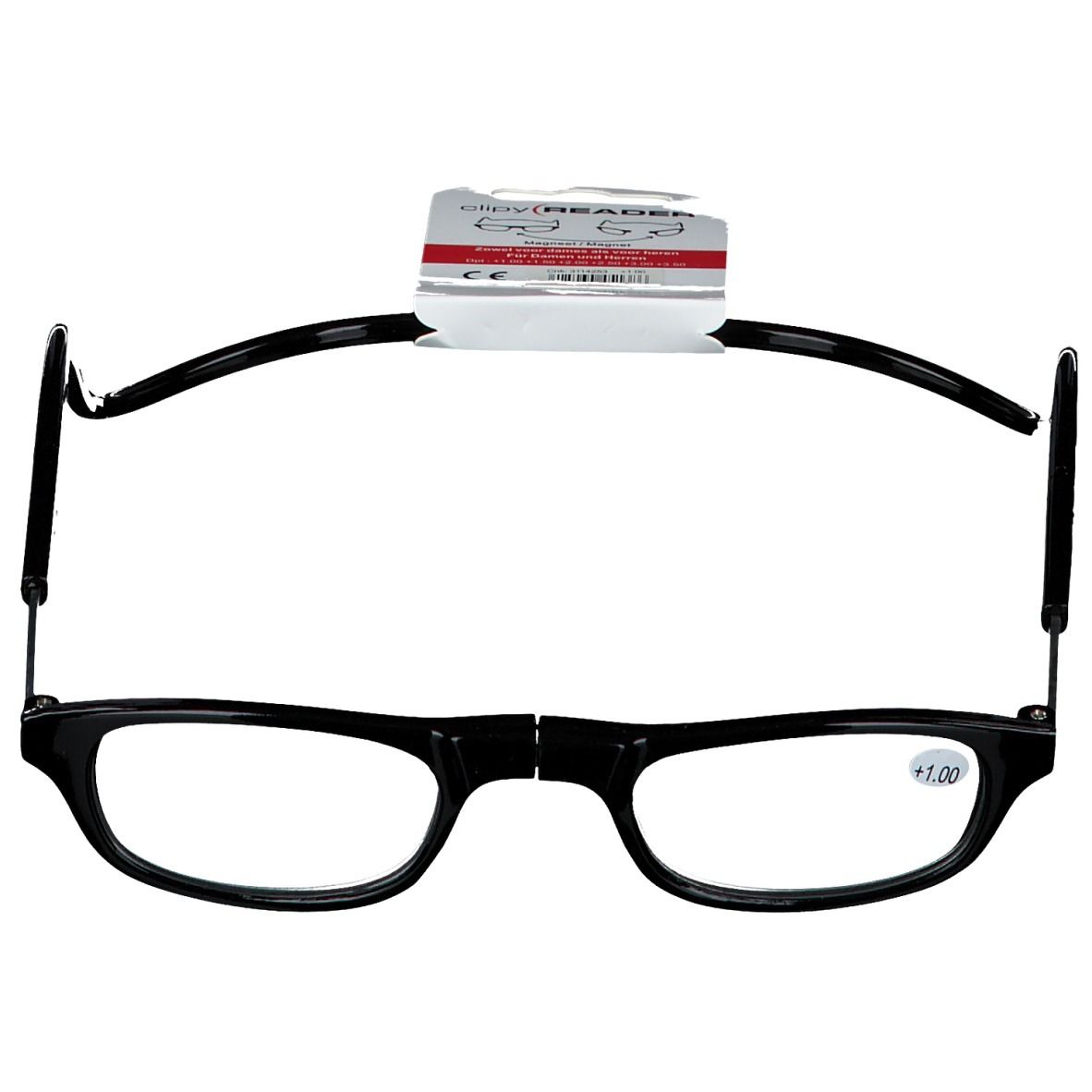 Brille mit schwarzem Rahmen und +1.00 Dioptrien. Anhänger mit Produktinformationen.