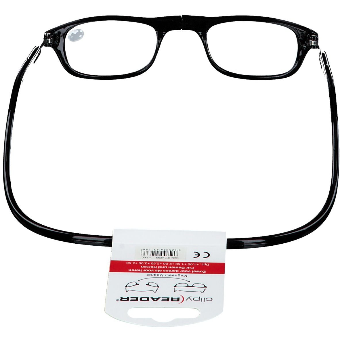 Schwarze Brille mit +1.00 Dioptrien. Anhänger mit Produktinformationen.