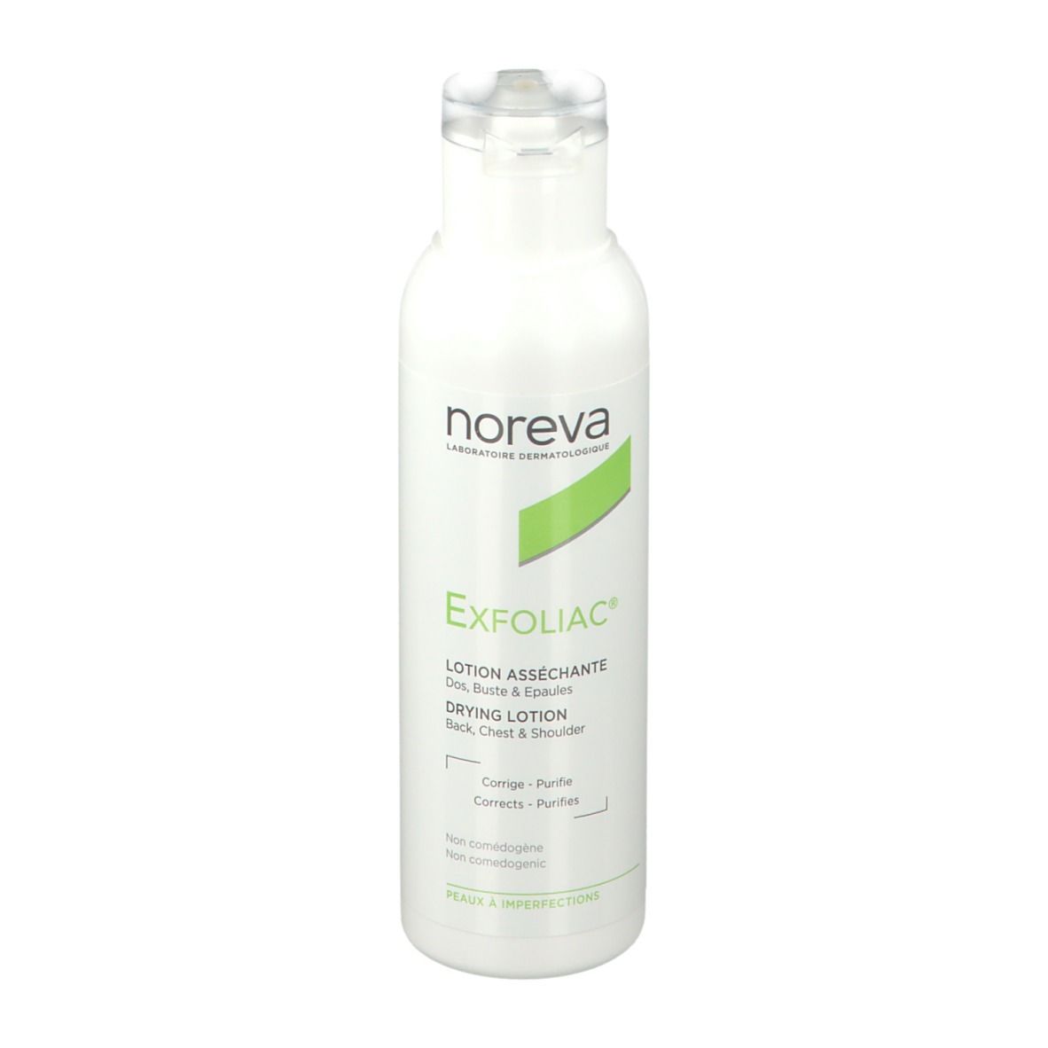 Weiße Flasche mit grünem Etikett. Aufschrift: Noreva Exfoliac Lotion asséchante. Für Rücken, Brust & Schulter.