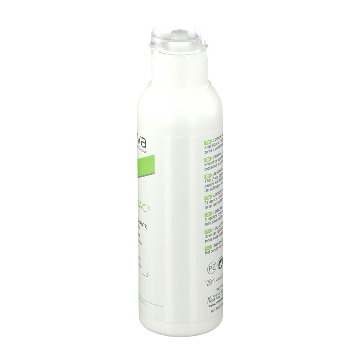 Weiße Flasche mit grünem Etikett. Aufschrift: Noreva Exfoliac Lotion asséchante. Rückseite mit Text in mehreren Sprachen.