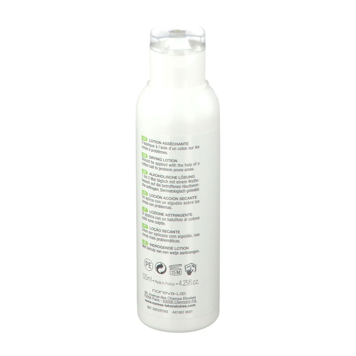 Weiße Flasche mit grünem Etikett. Aufschrift: Noreva Exfoliac Lotion asséchante. Rückseite mit Text in mehreren Sprachen.