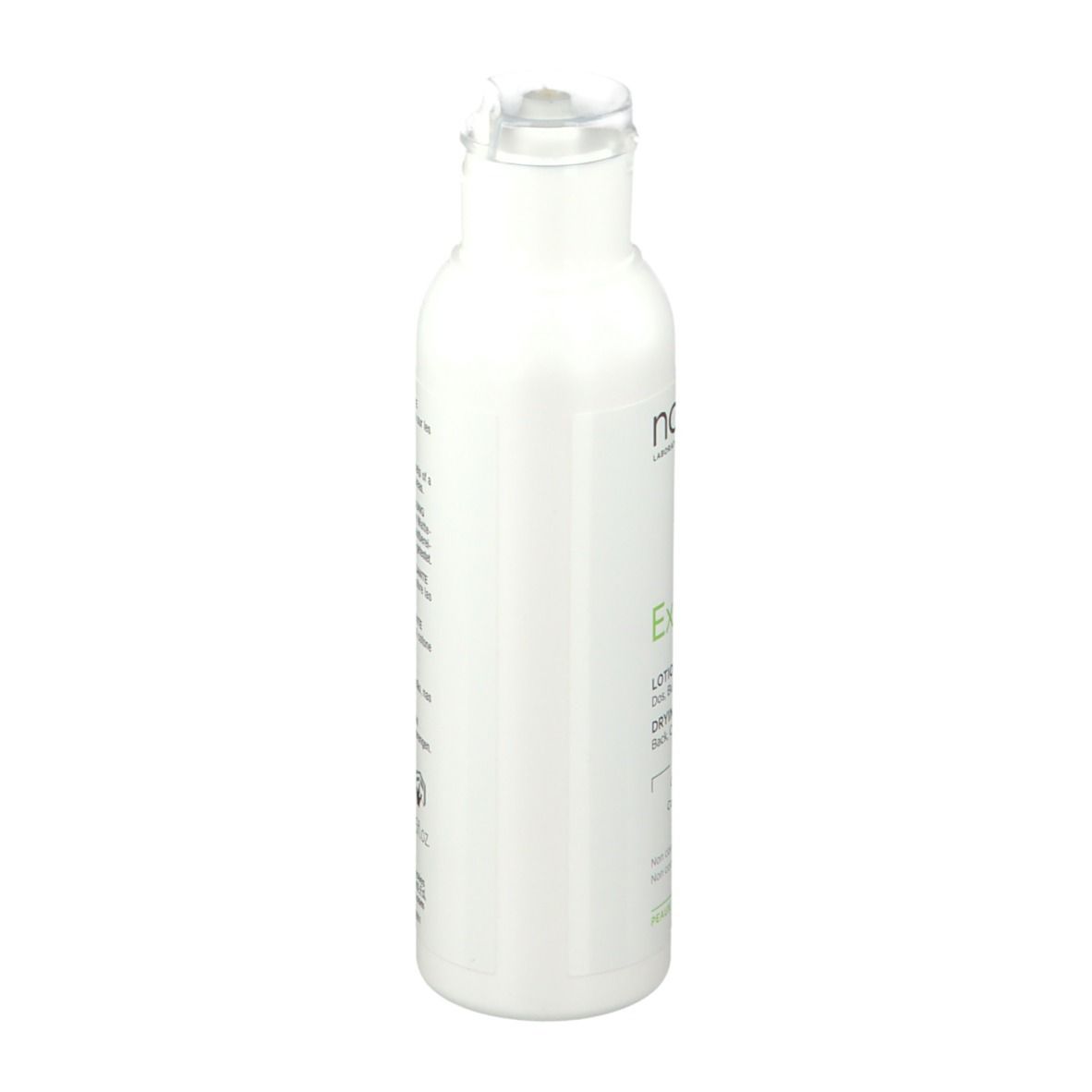 Weiße Flasche mit grünem Etikett. Aufschrift: Noreva Exfoliac Lotion asséchante. Rückseite mit Text in mehreren Sprachen.
