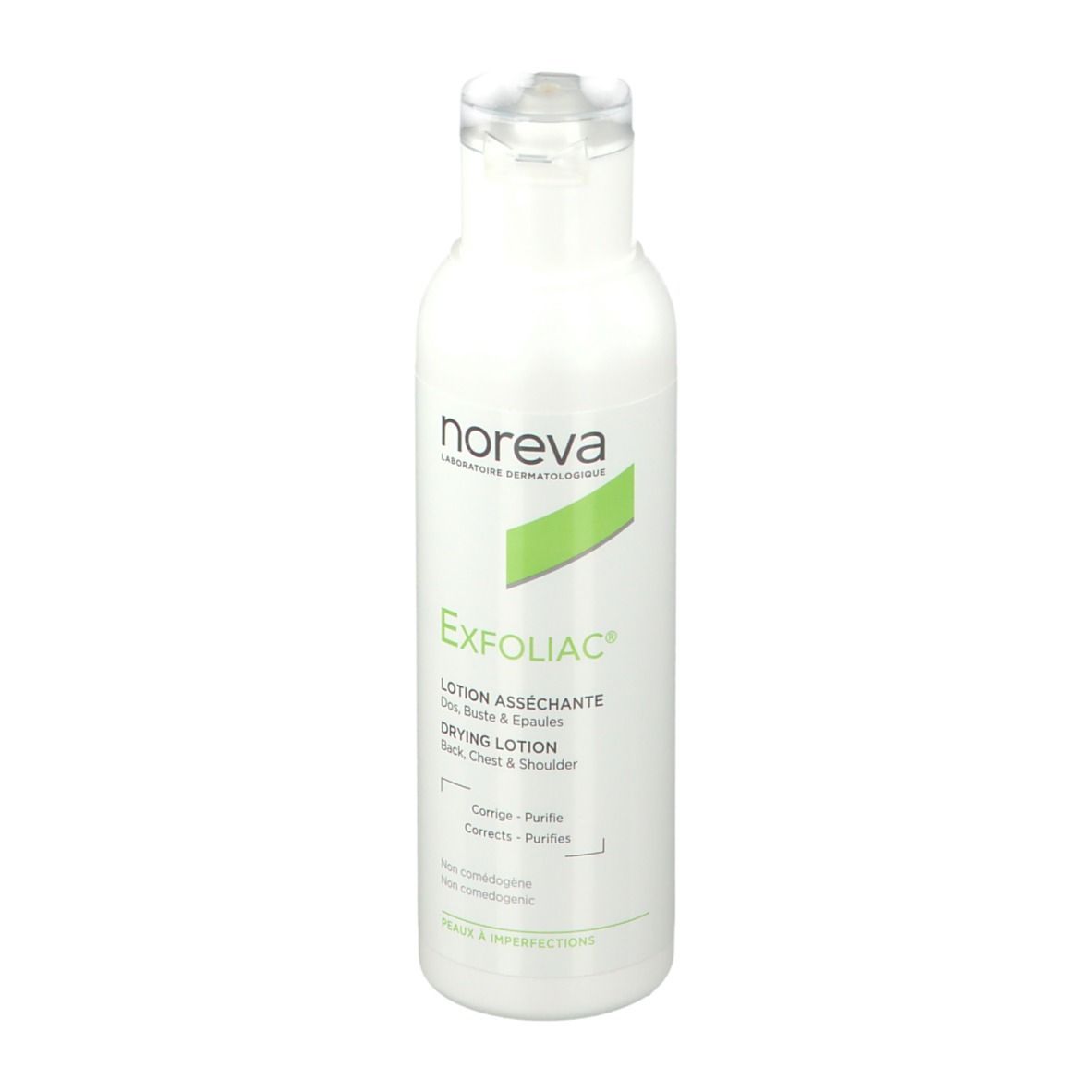 Weiße Flasche mit grünem Etikett. Aufschrift: Noreva Exfoliac Lotion asséchante. Für Rücken, Brust & Schulter.