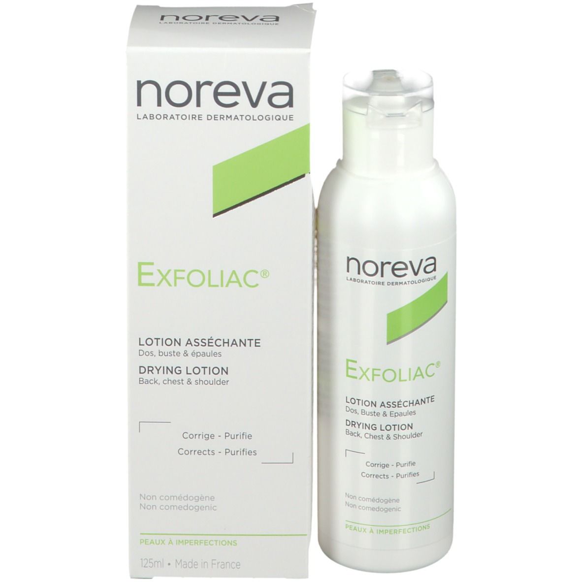 Produktverpackung mit Flasche und Karton. Aufschrift: Noreva Exfoliac Lotion asséchante. Für Rücken, Brust & Schulter.