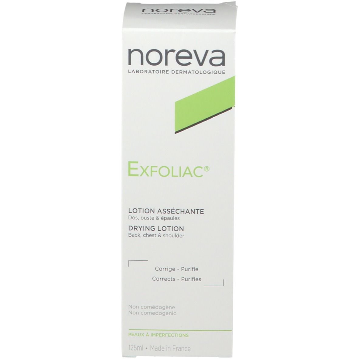 Produktverpackung. Aufschrift: Noreva Exfoliac Lotion asséchante. Für Rücken, Brust & Schulter. 125ml.
