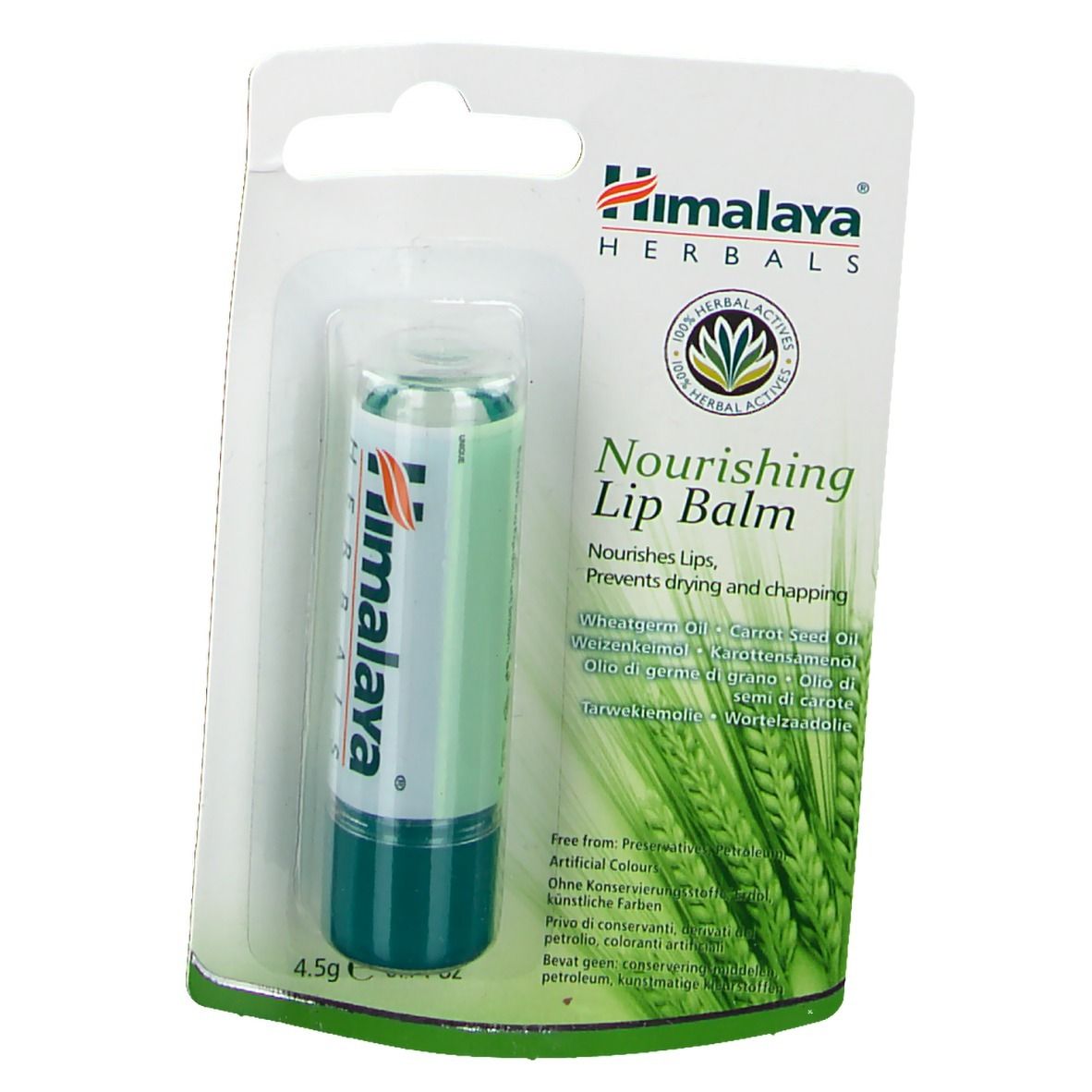 Himalaya Nourishing Lip Balm in Blisterverpackung. Grüner Lippenbalsam, weiß-grüne Hülle. Text: Himalaya Herbals, Nourishing Lip Balm.