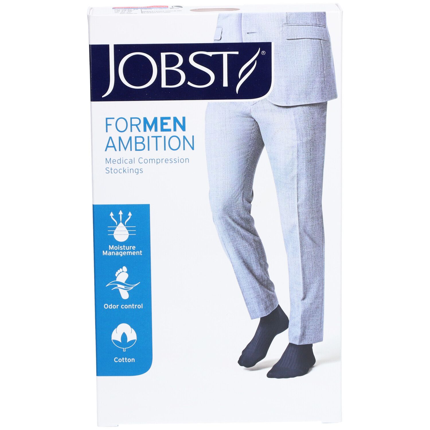 Verpackung von JOBST ForMen Ambition Kompressionsstrümpfen. Produktname und Eigenschaften sind auf der Verpackung abgebildet.