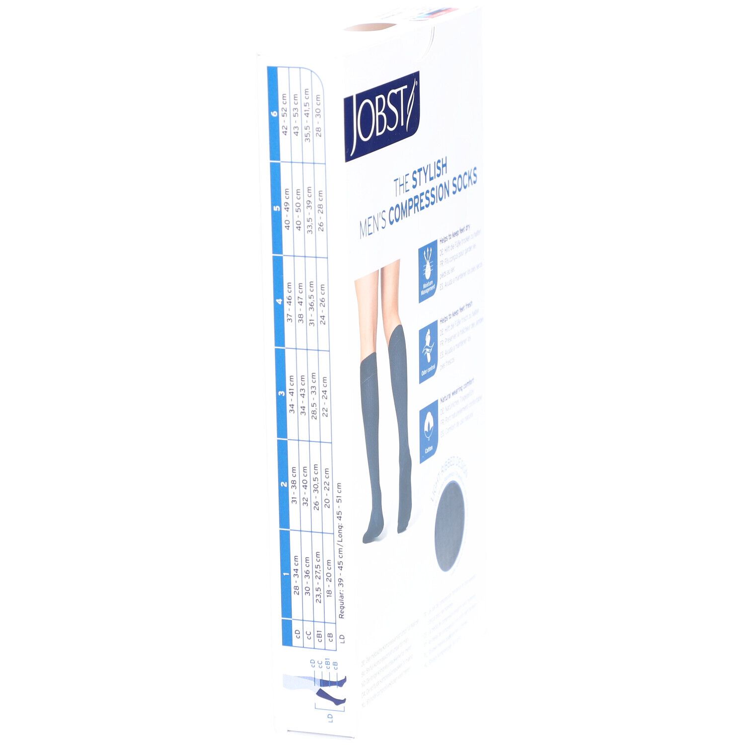 Verpackung mit JOBST Kompressionssocken. Größentabelle und Abbildung von Kniestrümpfen. Produktinformationen.