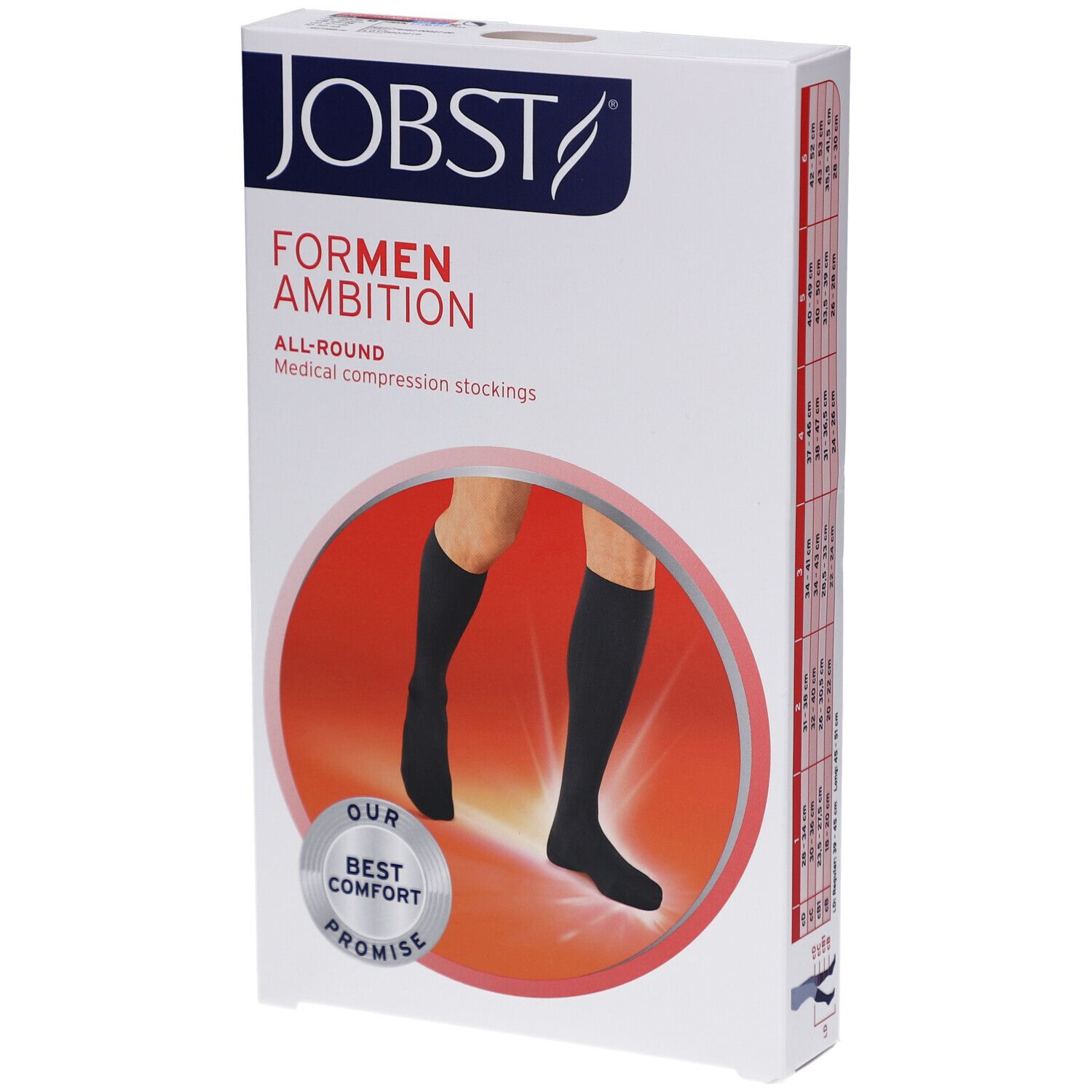 Verpackung JOBST ForMen Ambition Kompressions-Kniestrümpfe. Schwarze Strümpfe auf rotem Hintergrund. Text: BEST COMFORT PROMISE.