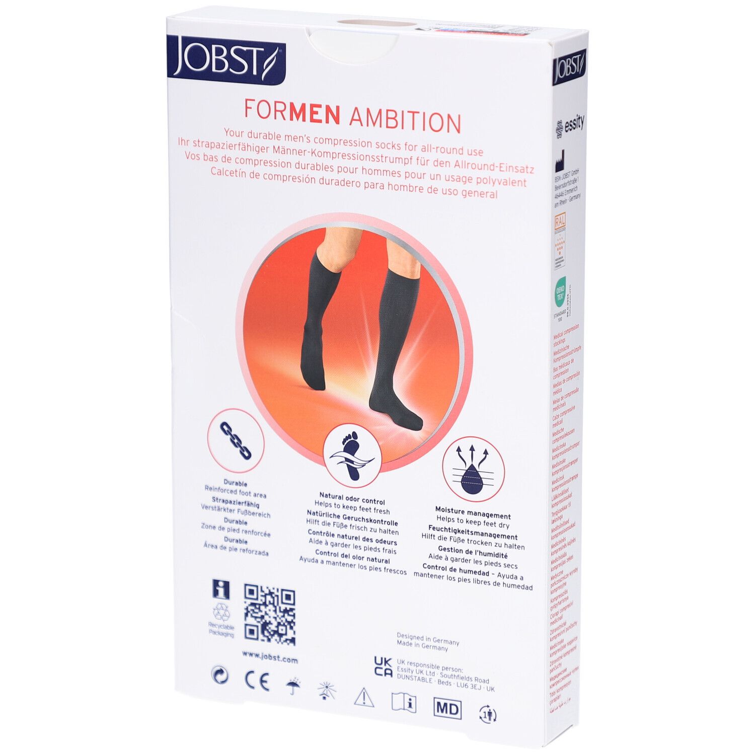 Rückseite der Verpackung JOBST ForMen Ambition. Schwarze Strümpfe auf rotem Hintergrund. Text und Logos.