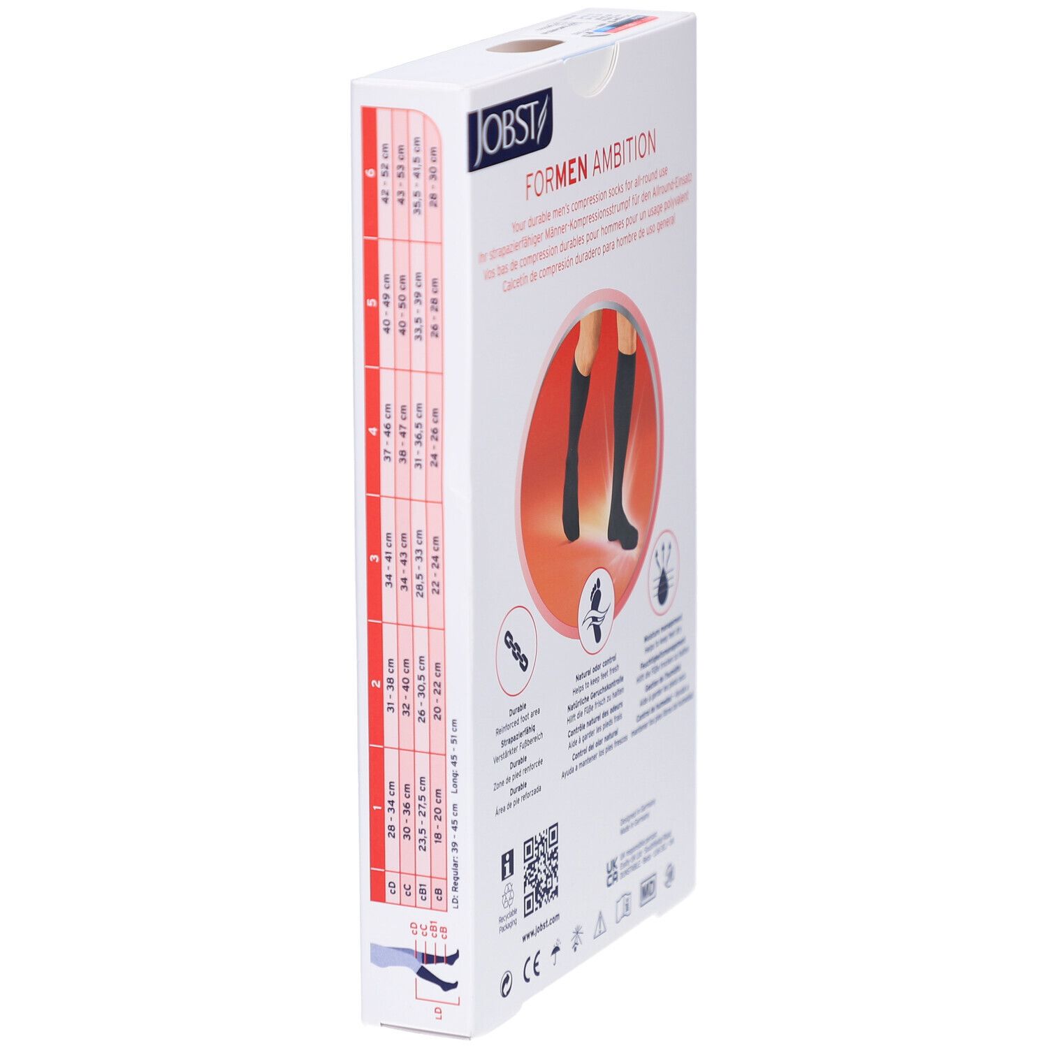 Seite der Verpackung JOBST ForMen Ambition. Größentabelle und Logos. Schwarze Strümpfe auf rotem Hintergrund.