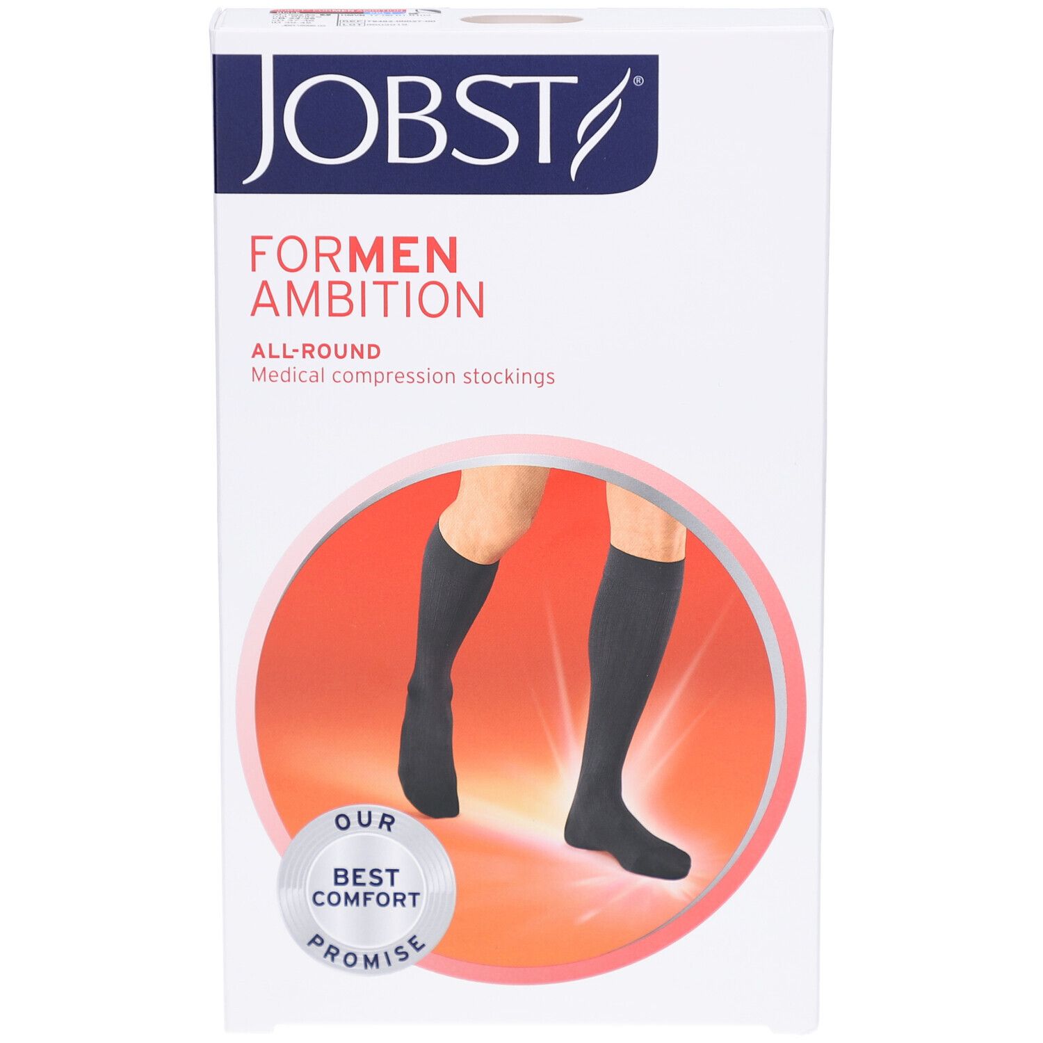 Verpackung JOBST ForMen Ambition Kompressions-Kniestrümpfe. Schwarze Strümpfe auf rotem Hintergrund. Text: BEST COMFORT PROMISE.