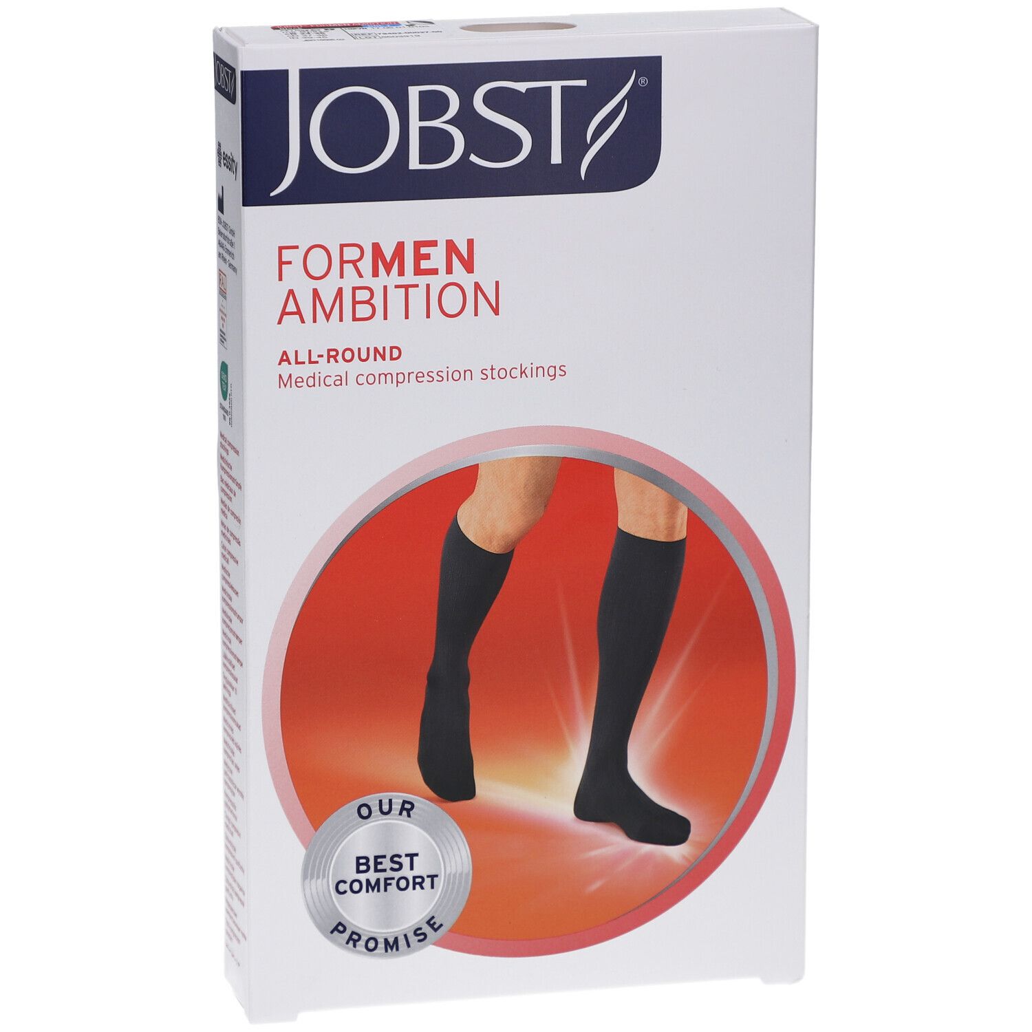 Verpackung JOBST ForMen Ambition Kompressions-Kniestrümpfe. Schwarze Strümpfe auf rotem Hintergrund. Text: BEST COMFORT PROMISE.