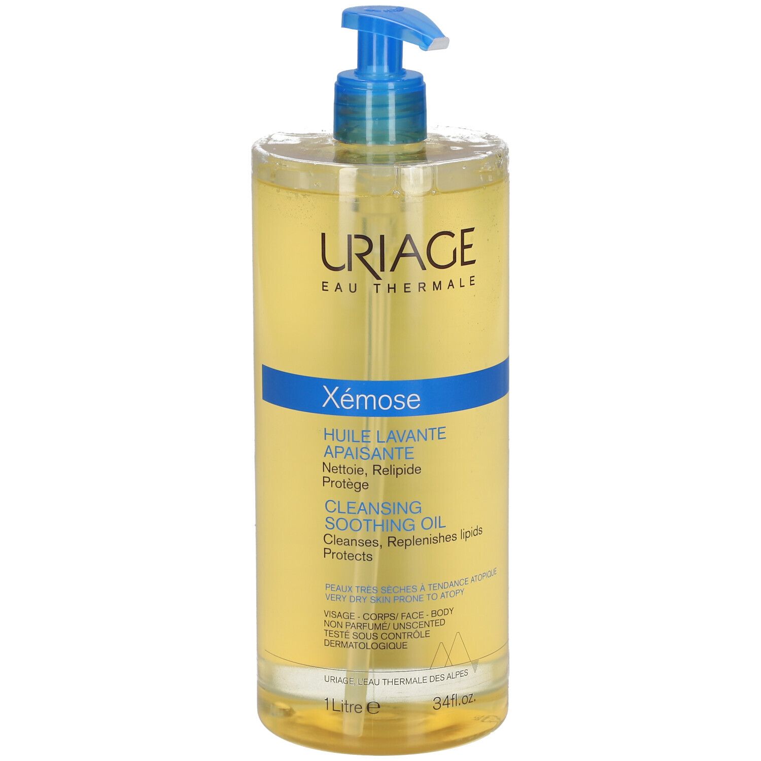 URIAGE EAU THERMALE Xémose. Reinigungsöl mit blauem Pumpverschluss. Klare Flüssigkeit in einer Flasche.