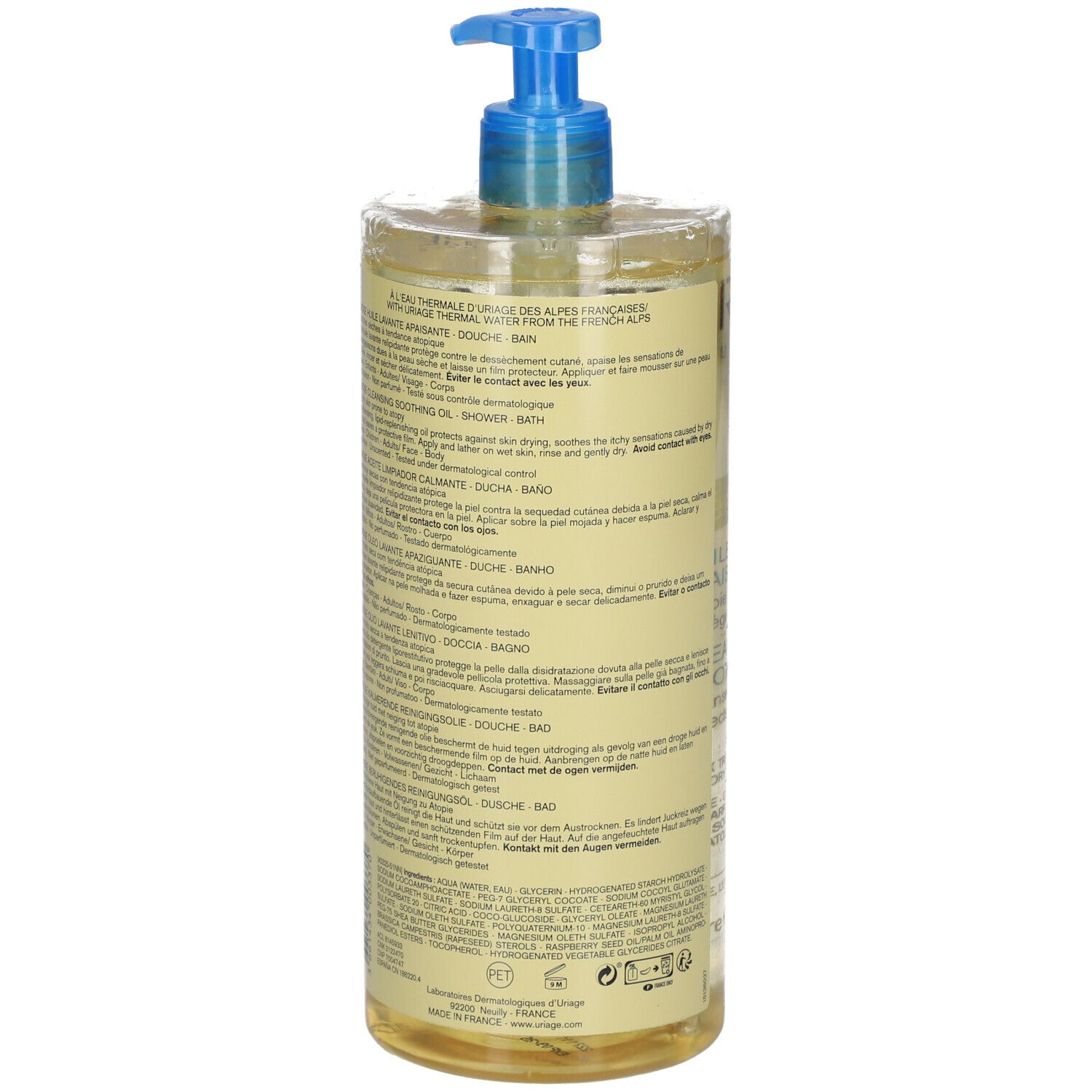 URIAGE EAU THERMALE Xémose. Reinigungsöl. Rückseite der Flasche mit Text. Blaues Pumpverschluss.
