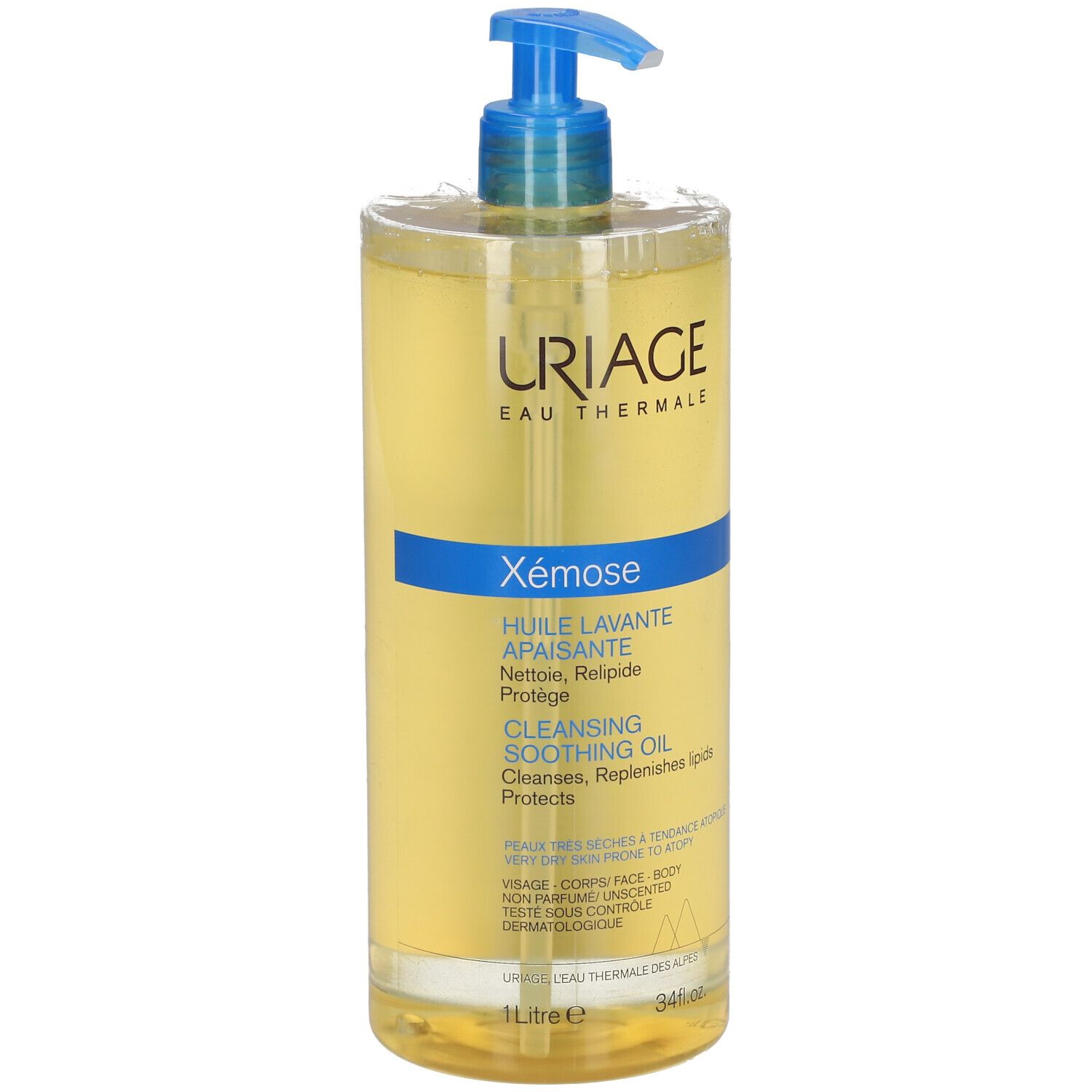 URIAGE EAU THERMALE Xémose. Reinigungsöl mit blauem Pumpverschluss. Klare Flüssigkeit in einer Flasche.