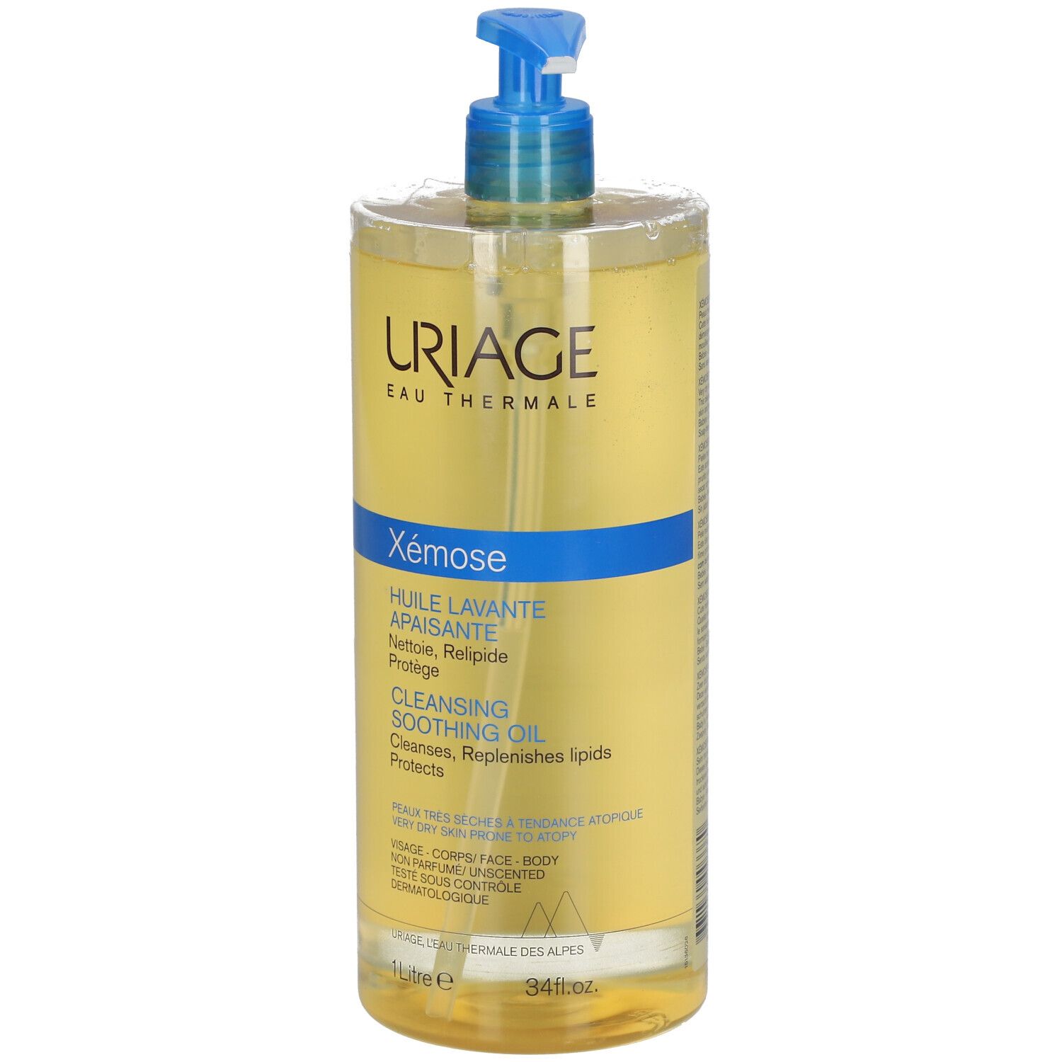 URIAGE EAU THERMALE Xémose. Reinigungsöl mit blauem Pumpverschluss. Klare Flüssigkeit in einer Flasche.