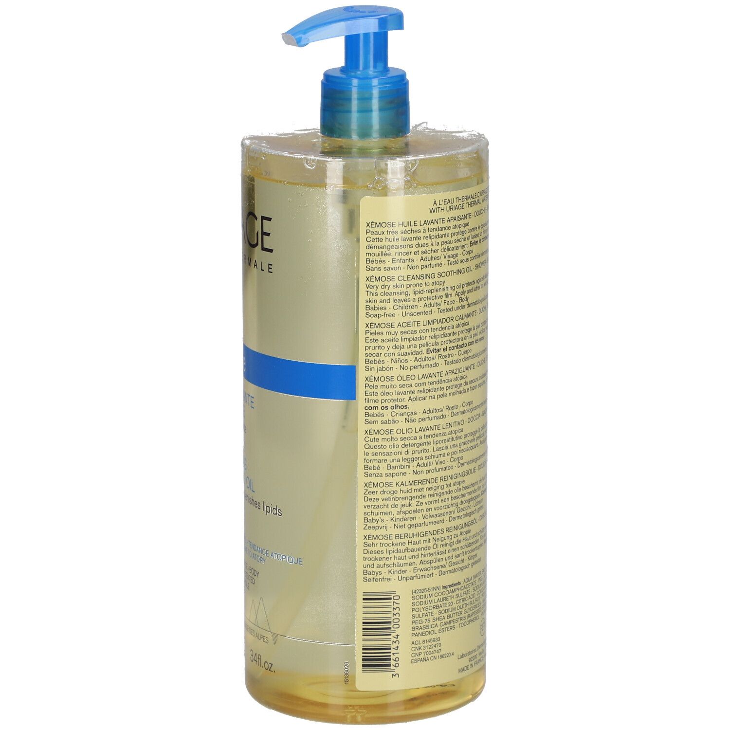URIAGE EAU THERMALE Xémose. Reinigungsöl. Rückseite der Flasche mit Text. Blaues Pumpverschluss.