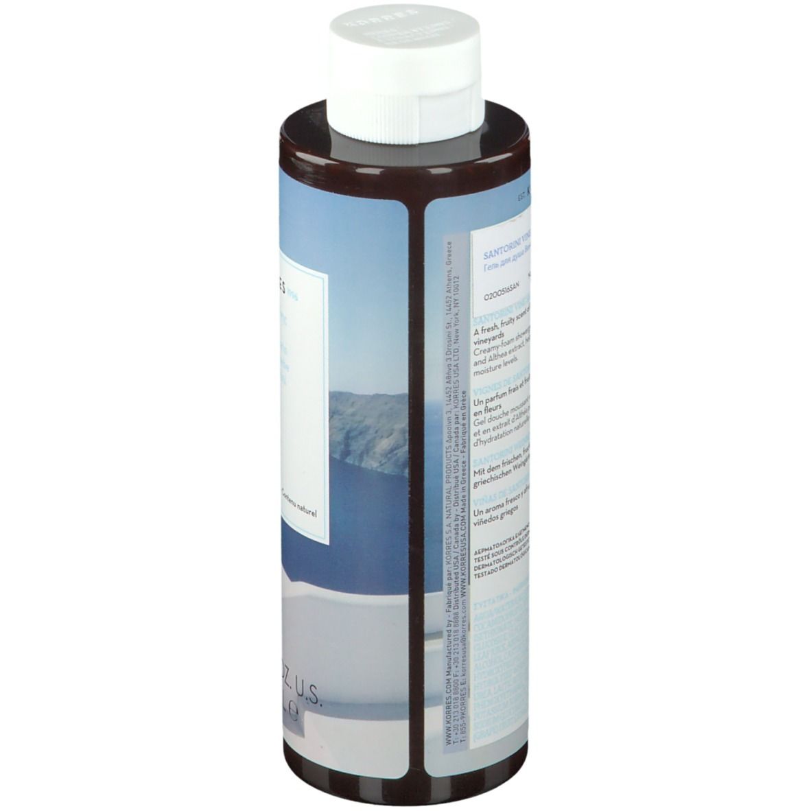 KORRES Duschgel Santorini. Flasche mit Etikett und Text. Rückseite mit Inhaltsangaben und Text.