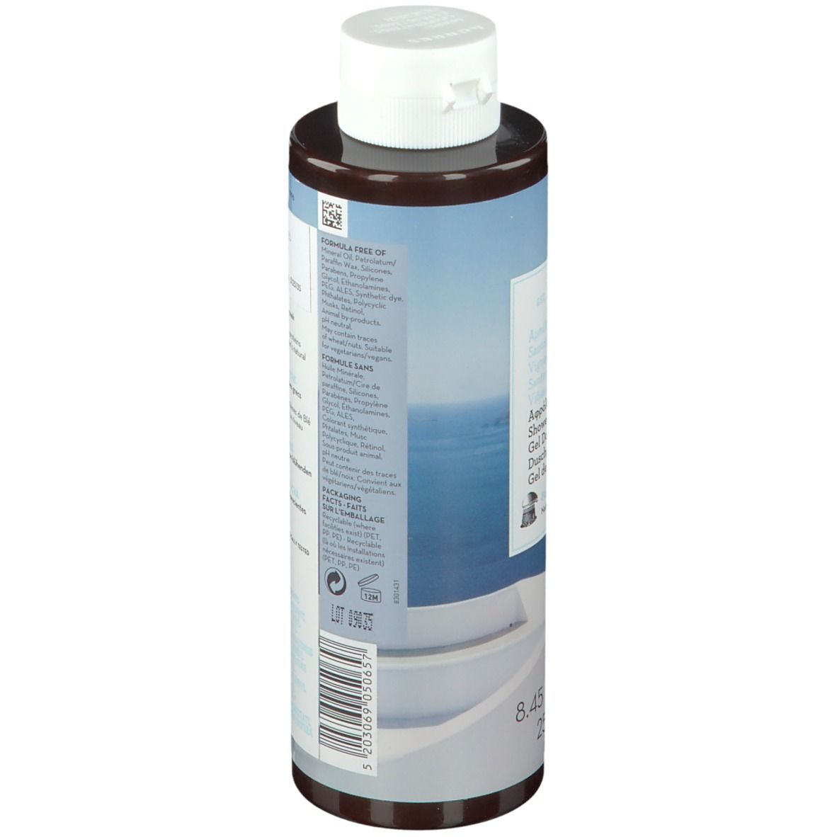 KORRES Duschgel Santorini. Flasche mit Etikett und Text. Rückseite mit Inhaltsangaben und Text.