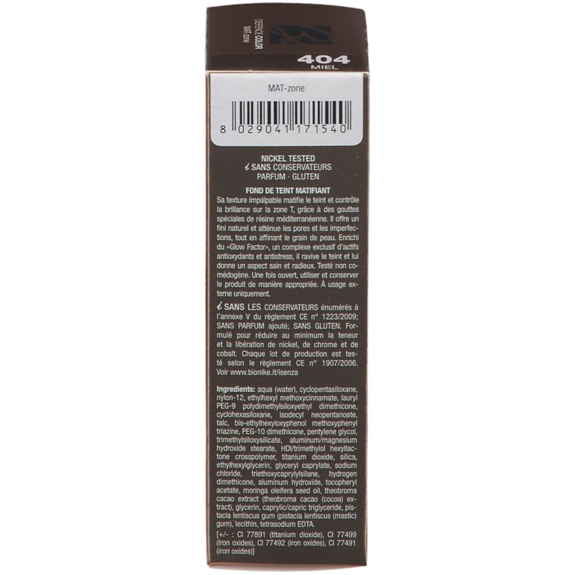 Rückseite der BioNike DEFENCE COLOR MAT-zone Foundation-Verpackung. Text und Inhaltsstoffe in mehreren Sprachen.
