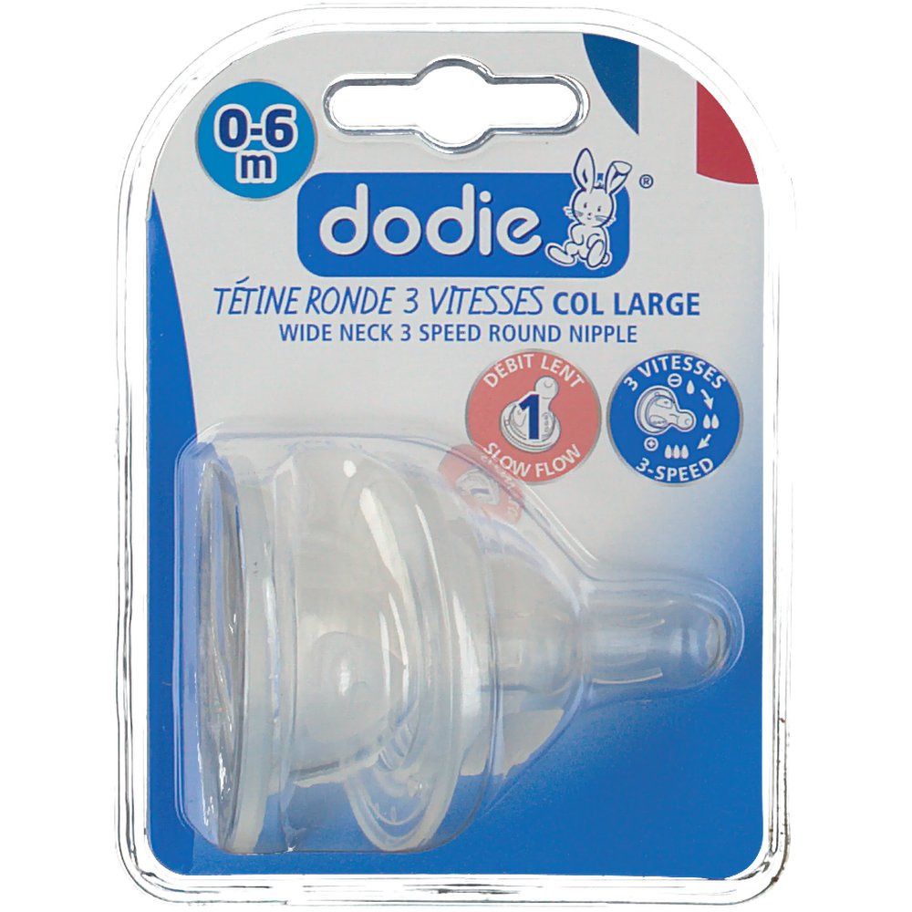 Dodie® Sauger in Blisterverpackung. 0-6 Monate, 3 Geschwindigkeiten, weiter Hals. Sichtbare Produktmerkmale.