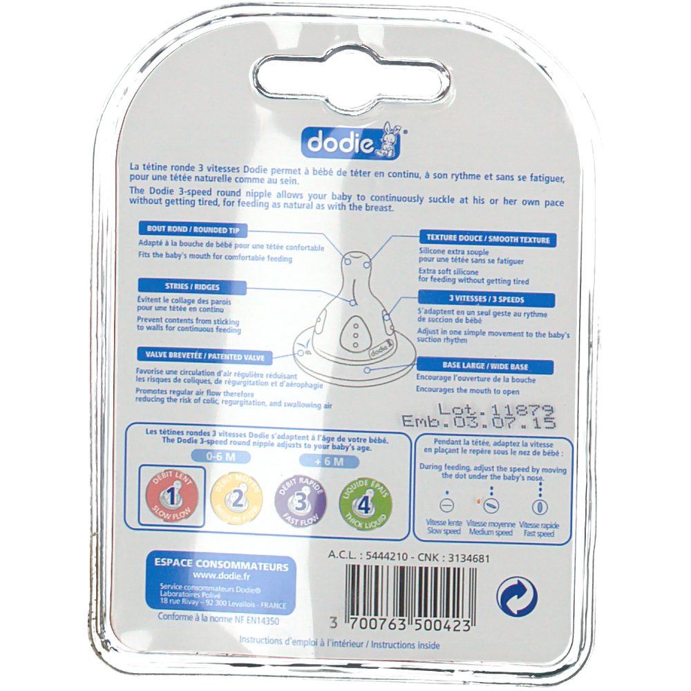 Rückseite der Dodie® Sauger-Verpackung. Produktinformationen, Illustrationen, Text in mehreren Sprachen.