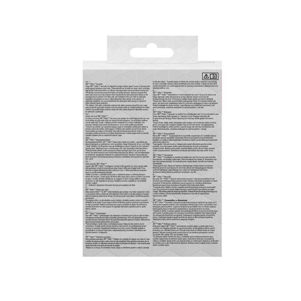 Rückseite der Verpackung mit Text in Deutsch. Gehörschutz-Illustration.