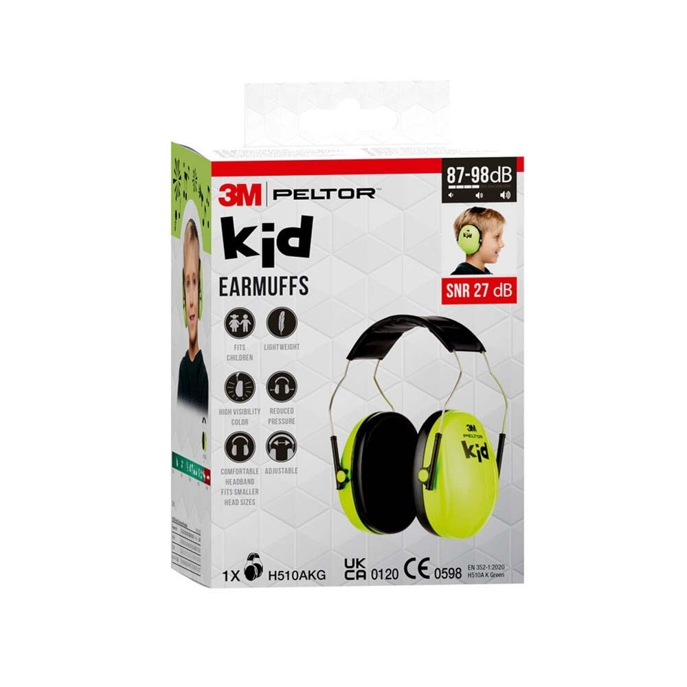 Verpackung 3M Peltor Kid Gehörschutz. Kind mit Gehörschutz. Text: Kid, SNR 27 dB.