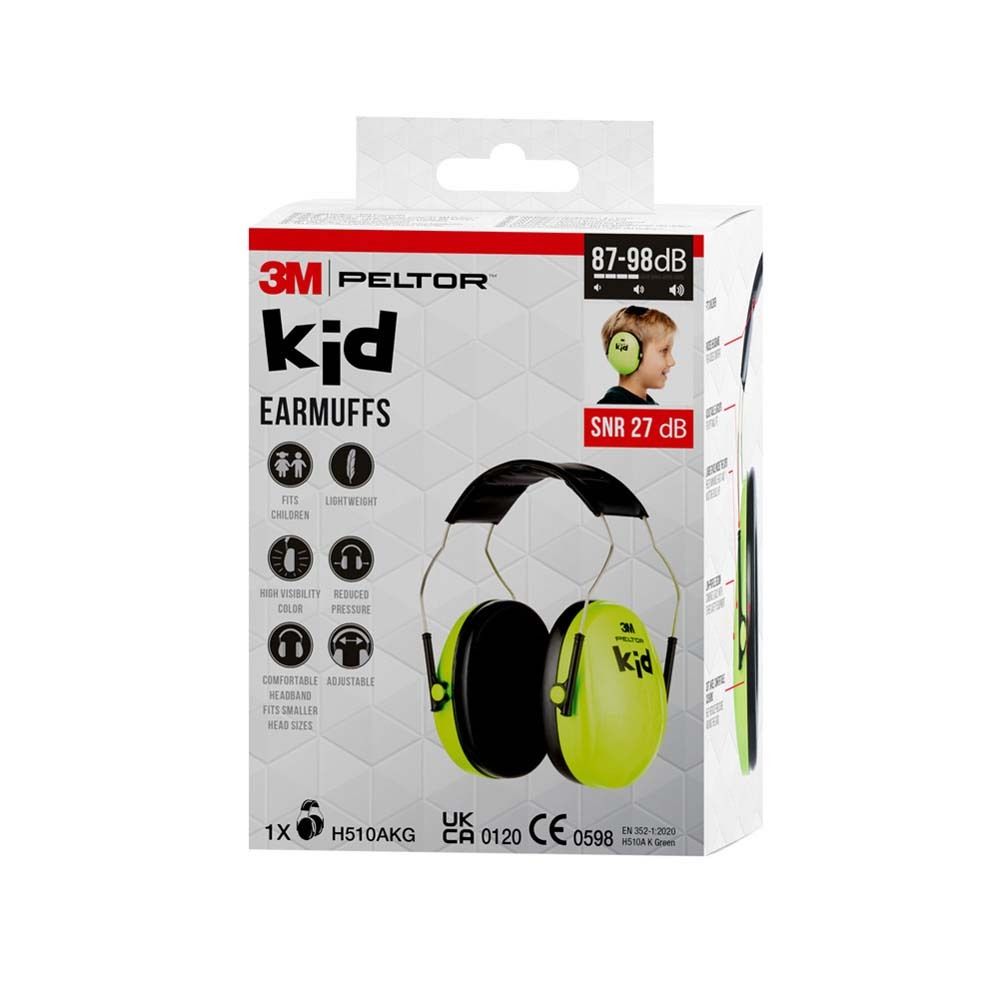 Verpackung 3M Peltor Kid Gehörschutz. Kind mit Gehörschutz. Text: Kid, SNR 27 dB.