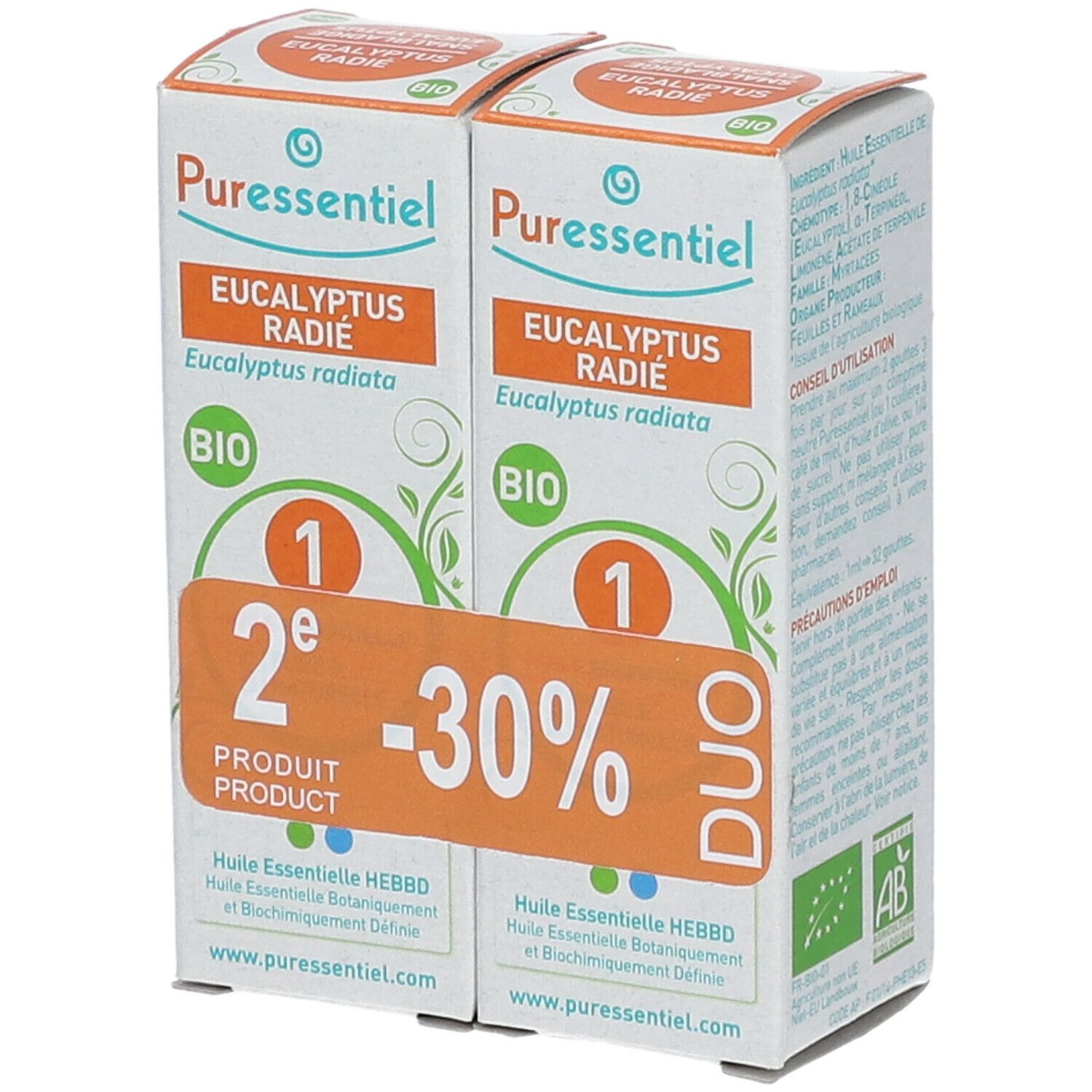 Zwei Kartons Puressentiel Bio Eukalyptus. Orangefarbener Aufkleber mit "2e Produkt -30%". Bio-Siegel.