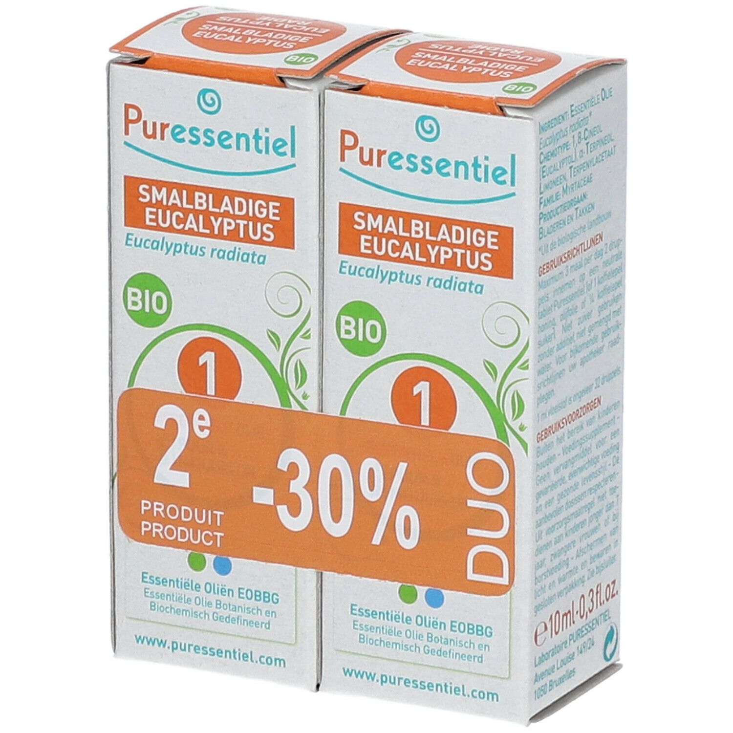 Zwei Kartons Puressentiel Bio Eukalyptus. Orangefarbener Aufkleber mit "2e Produkt -30%". Bio-Siegel.