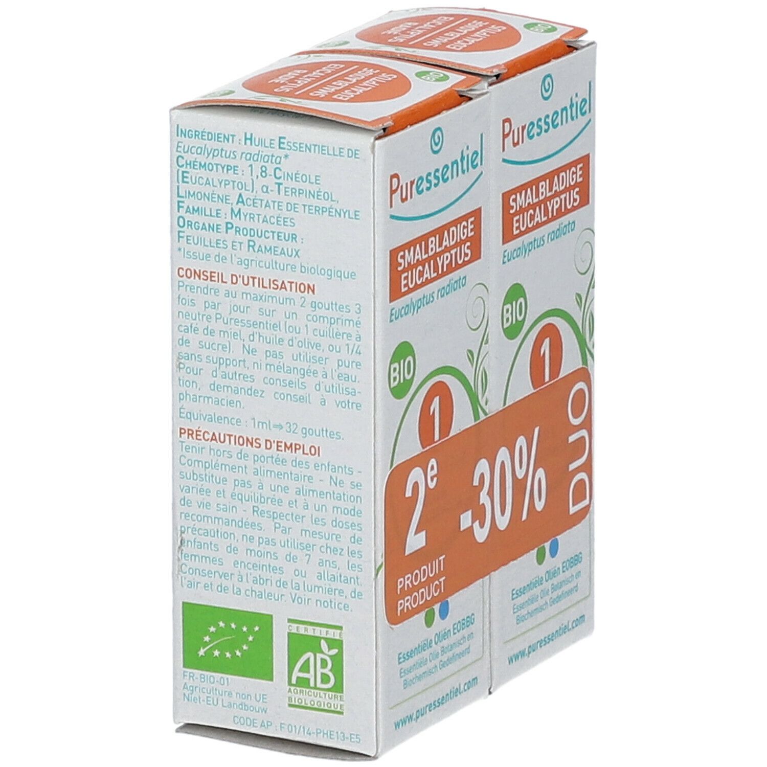 Zwei Kartons Puressentiel Bio Eukalyptus. Auf der Seite Text und Inhaltsstoffe. Bio-Siegel.