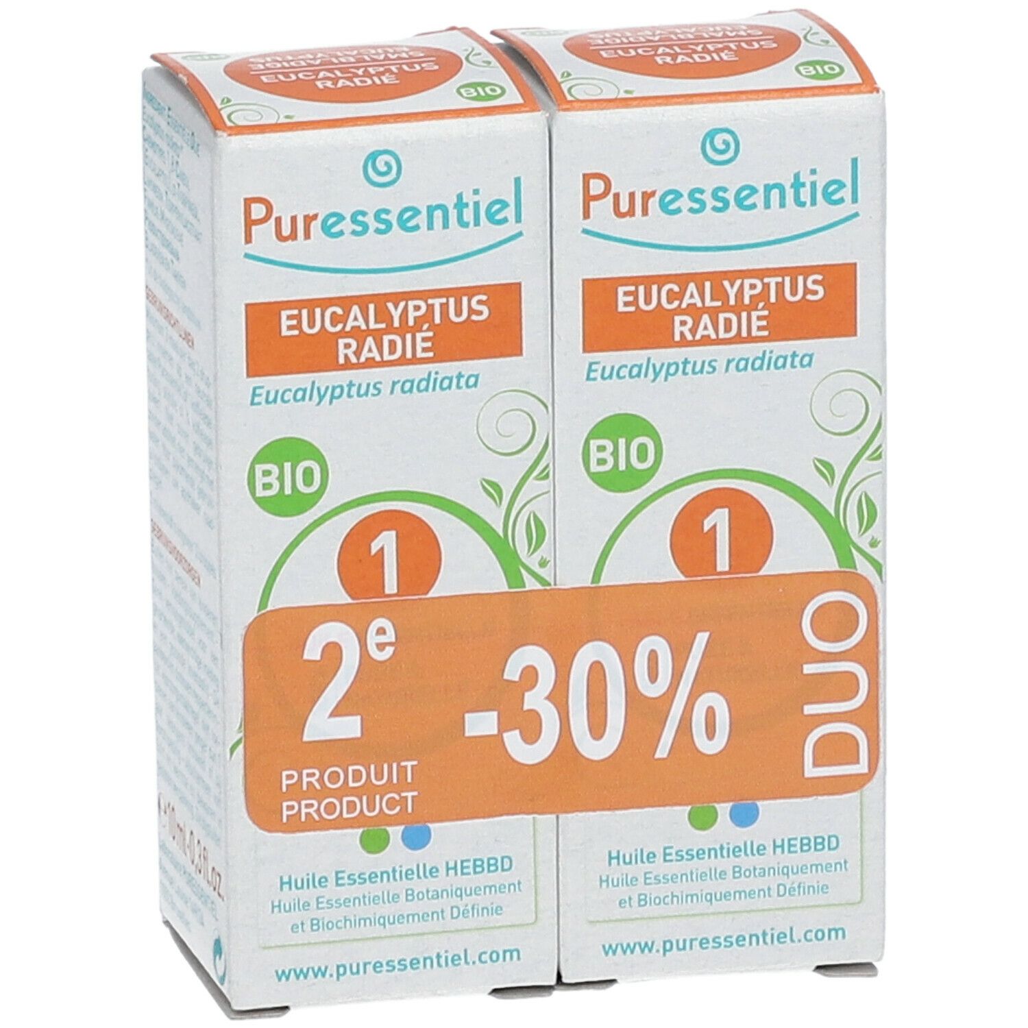 Zwei Kartons Puressentiel Bio Eukalyptus. Orangefarbener Aufkleber mit "2e Produkt -30%". Bio-Siegel.
