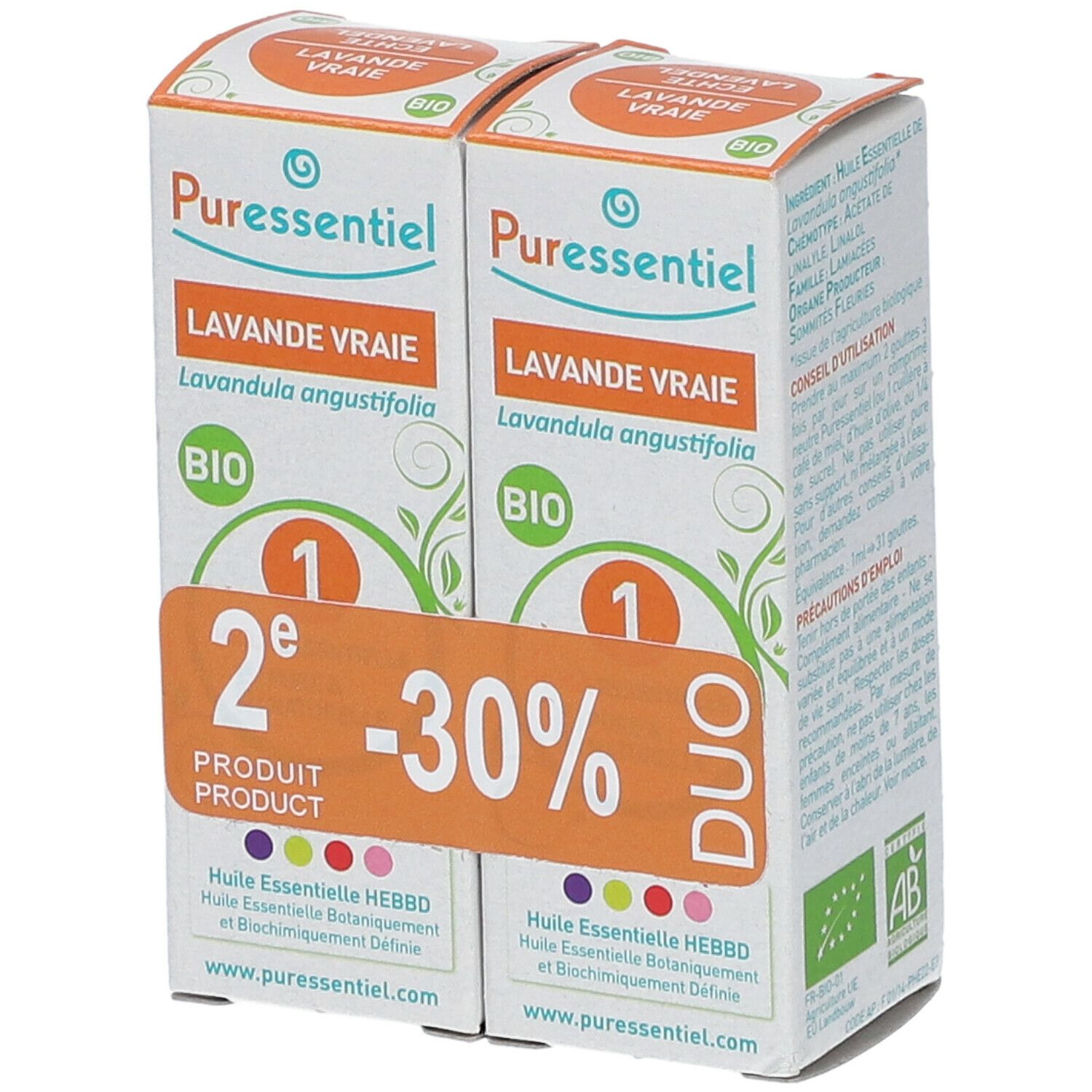 Zwei Kartons mit "Lavande Vraie" und "BIO"-Logo. Orangefarbener Aufkleber mit "2e -30%" und "DUO".