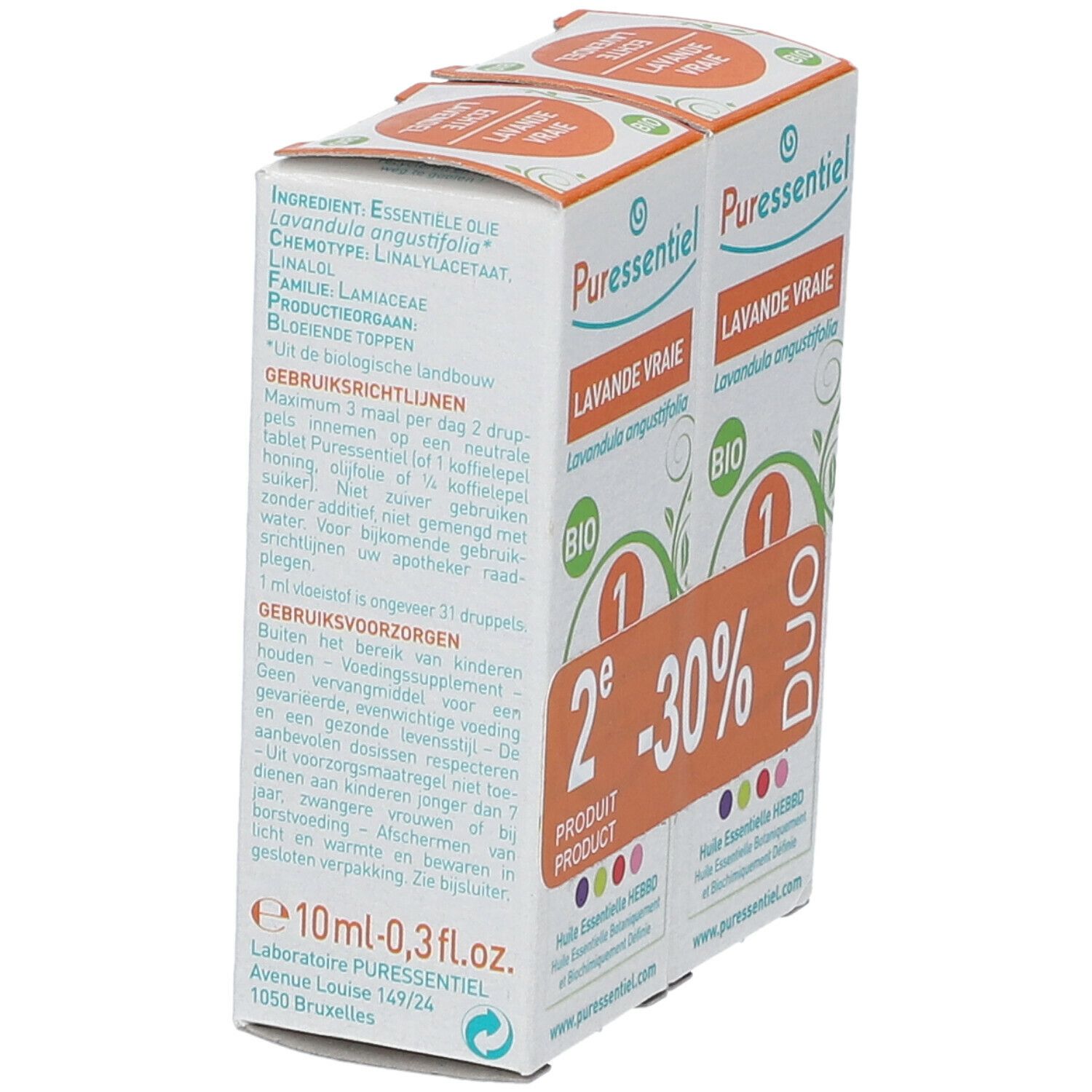 Zwei Kartons mit "Lavande Vraie" und "BIO"-Logo. Aufdruck mit Inhaltsstoffen und Gebrauchsanweisung. "10ml-0,3fl.oz."