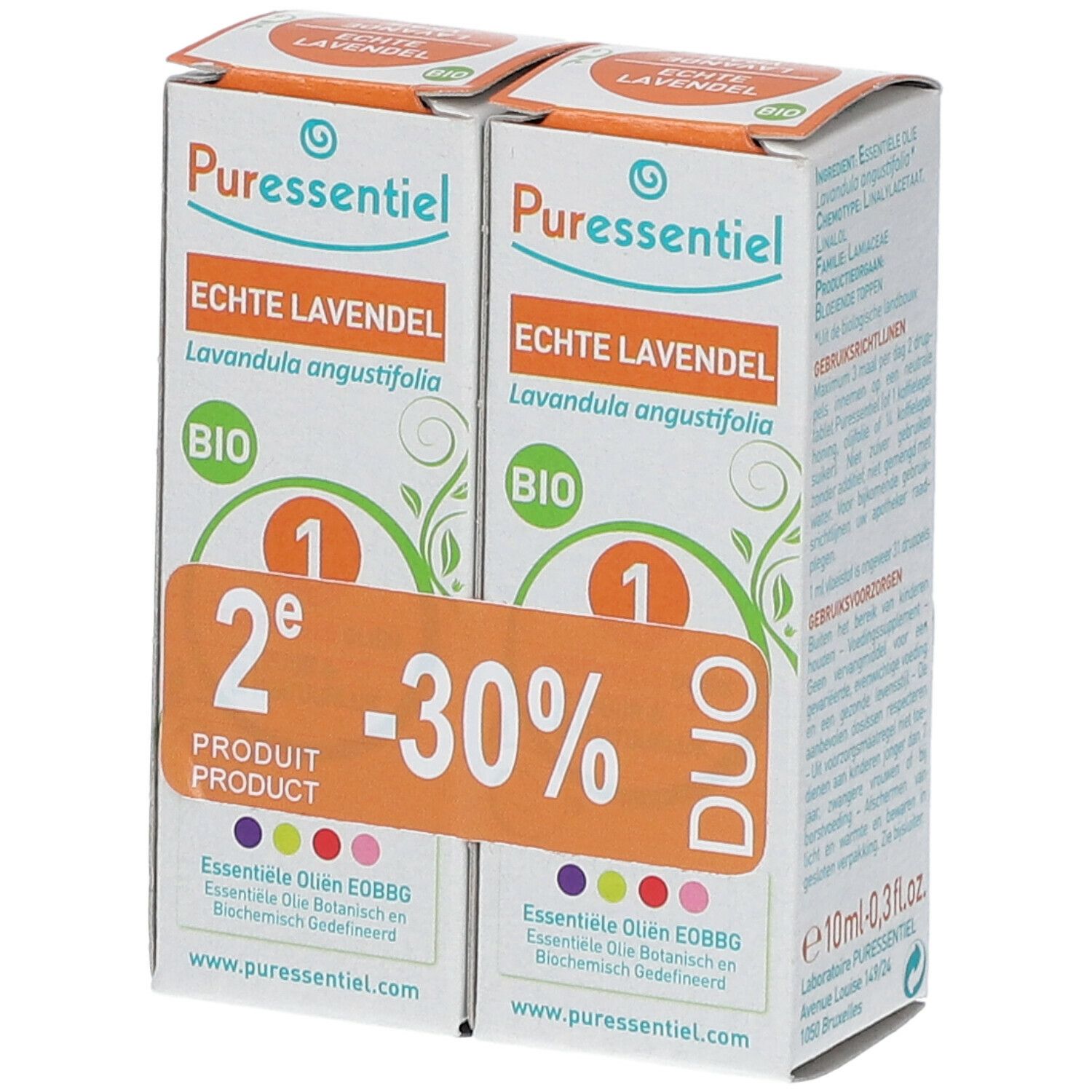 Zwei Kartons mit "Echte Lavendel" und "BIO"-Logo. Orangefarbener Aufkleber mit "2e -30%" und "DUO".