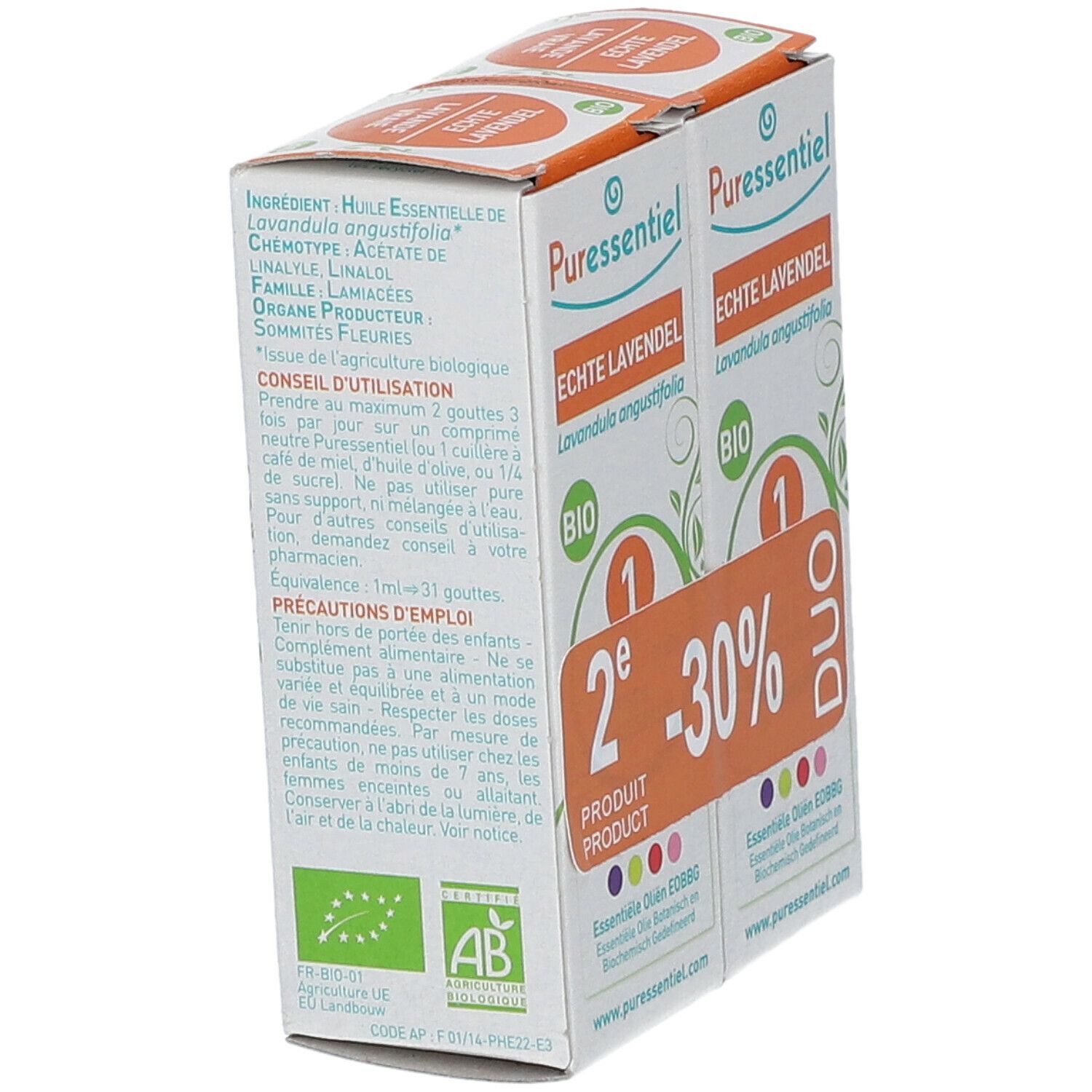 Zwei Kartons mit "Echte Lavendel" und "BIO"-Logo. Aufdruck mit Inhaltsstoffen und Gebrauchsanweisung. AB-Siegel.