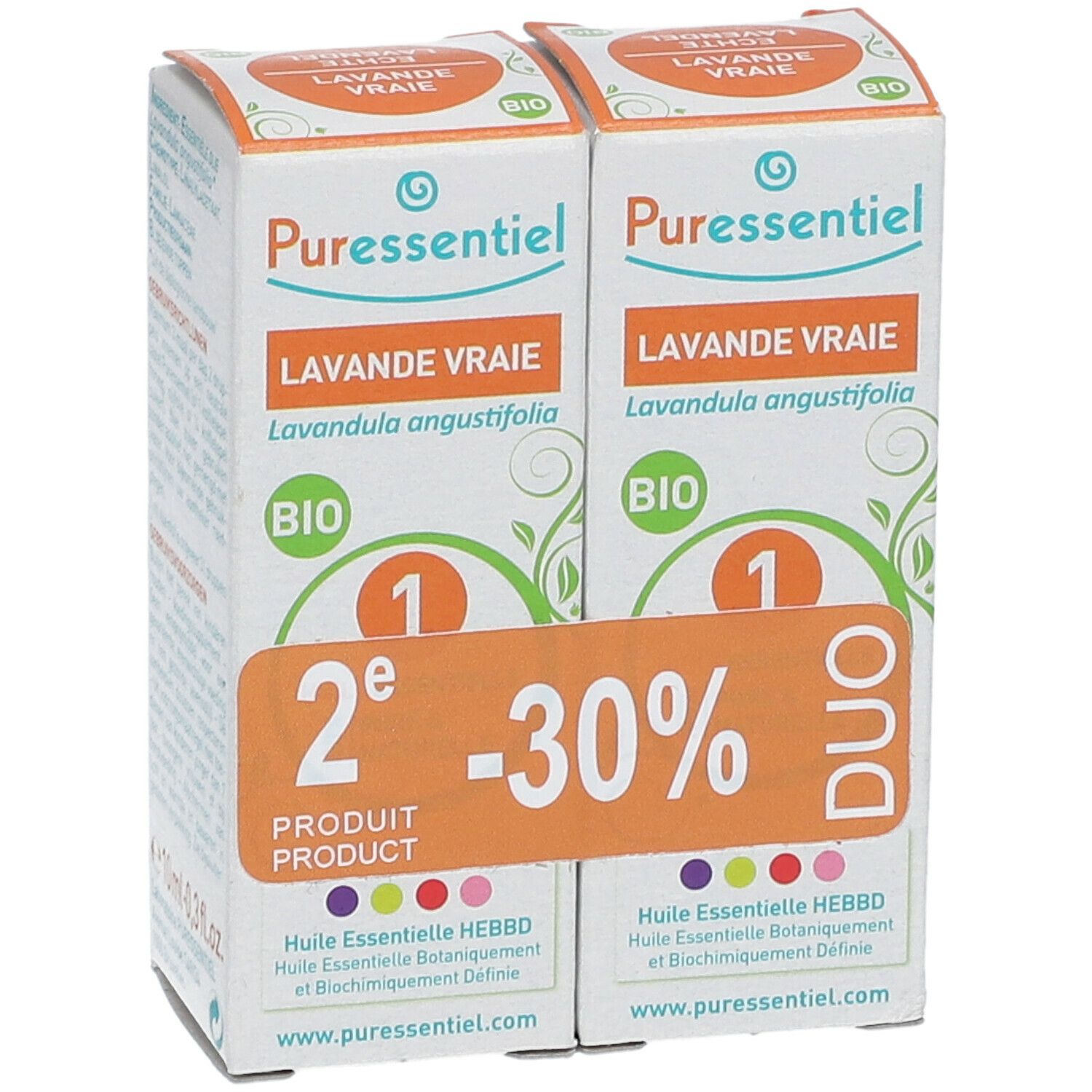 Zwei Kartons mit "Lavande Vraie" und "BIO"-Logo. Orangefarbener Aufkleber mit "2e -30%" und "DUO".