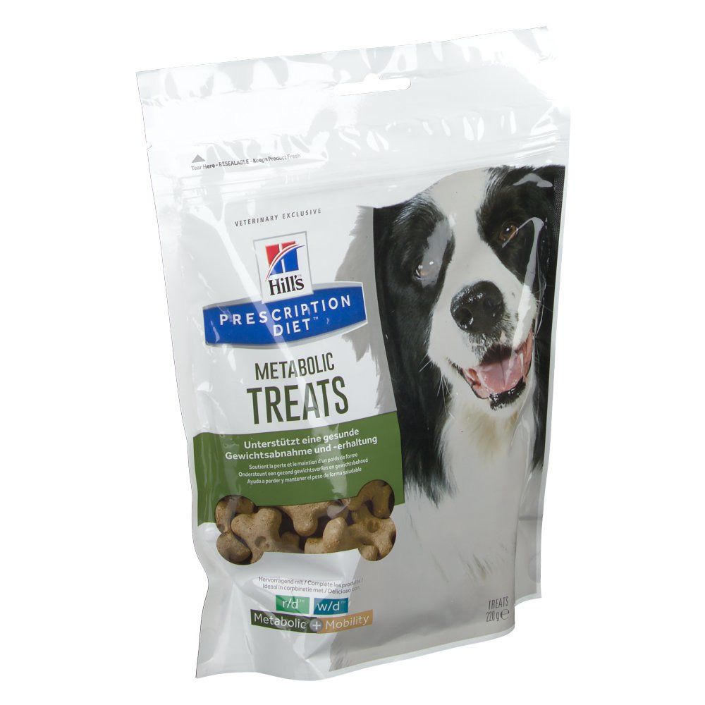 Beutel mit Hundesnacks. Aufschrift: Hills Prescription Diet Metabolic Treats. Abbildung eines Hundes.